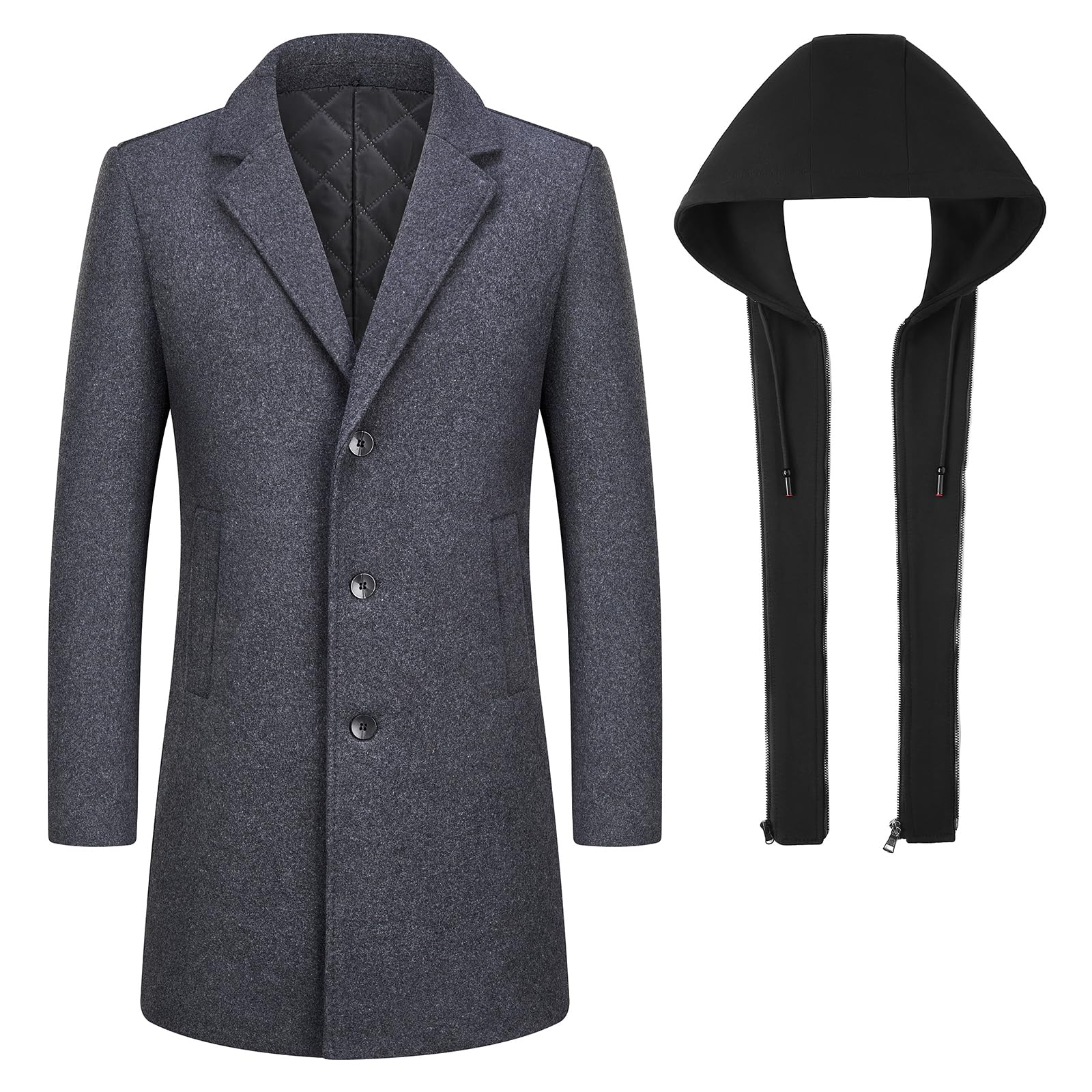 Premium Men's Wool Blend Trench Coat with Detachable Hood - Warm Winter Overcoat for Business, Office & Outdoor Activities