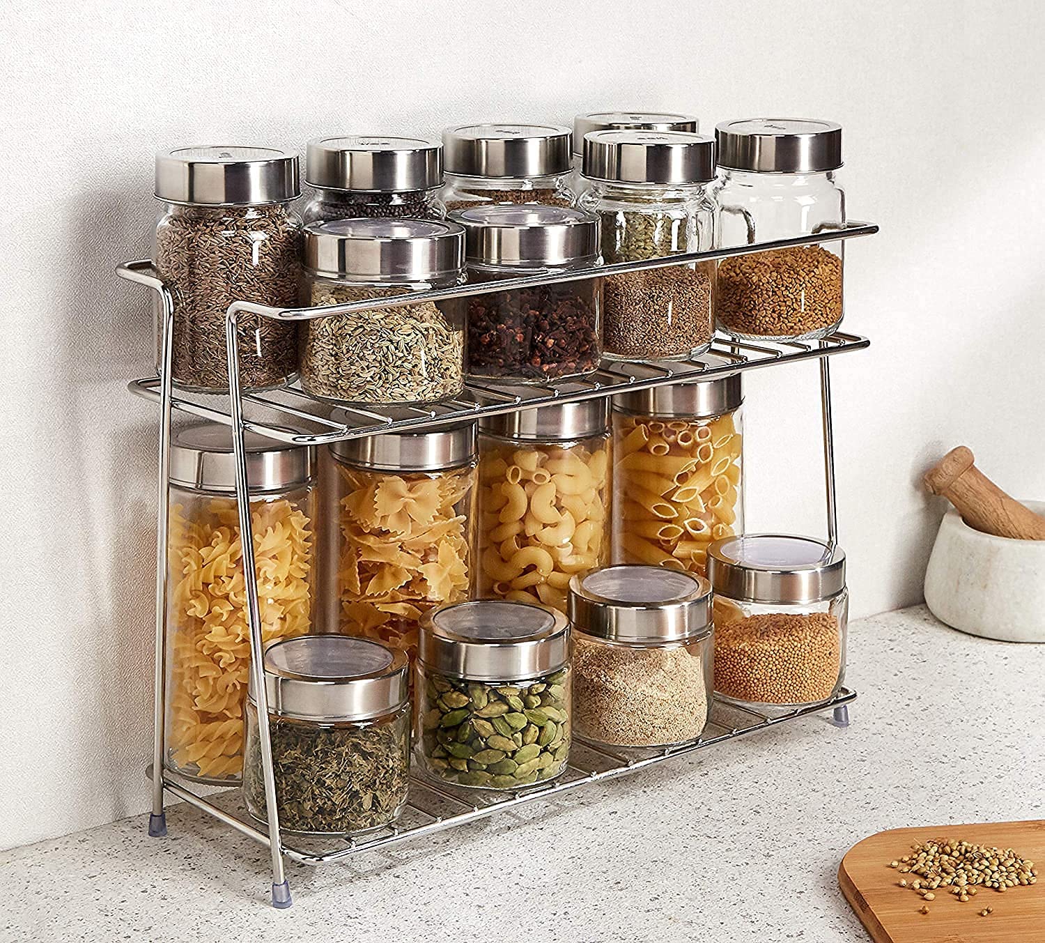 Stainless Steel Spice Organizer - 2-Tier Kitchen Storage Rack for Utensils & Dishes