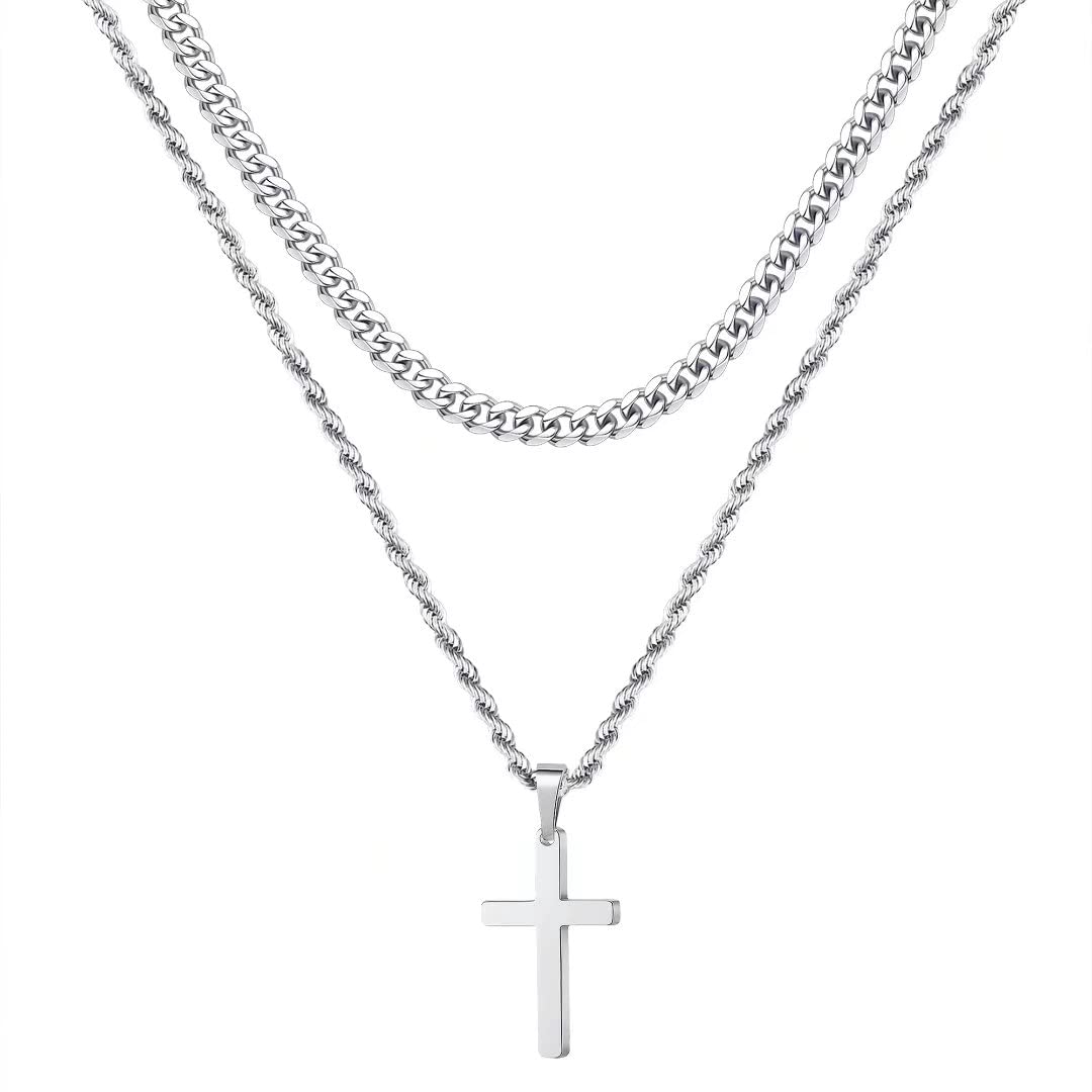 Ursteel Layered Cross Necklace for Men & Women - 18K Gold/Silver/Black Stainless Steel Cross Pendant Chain - 16/18/20/22/24 Inch Adjustable Rope Necklace - Perfect for Everyday Wear, Gifts & Religious Occasions