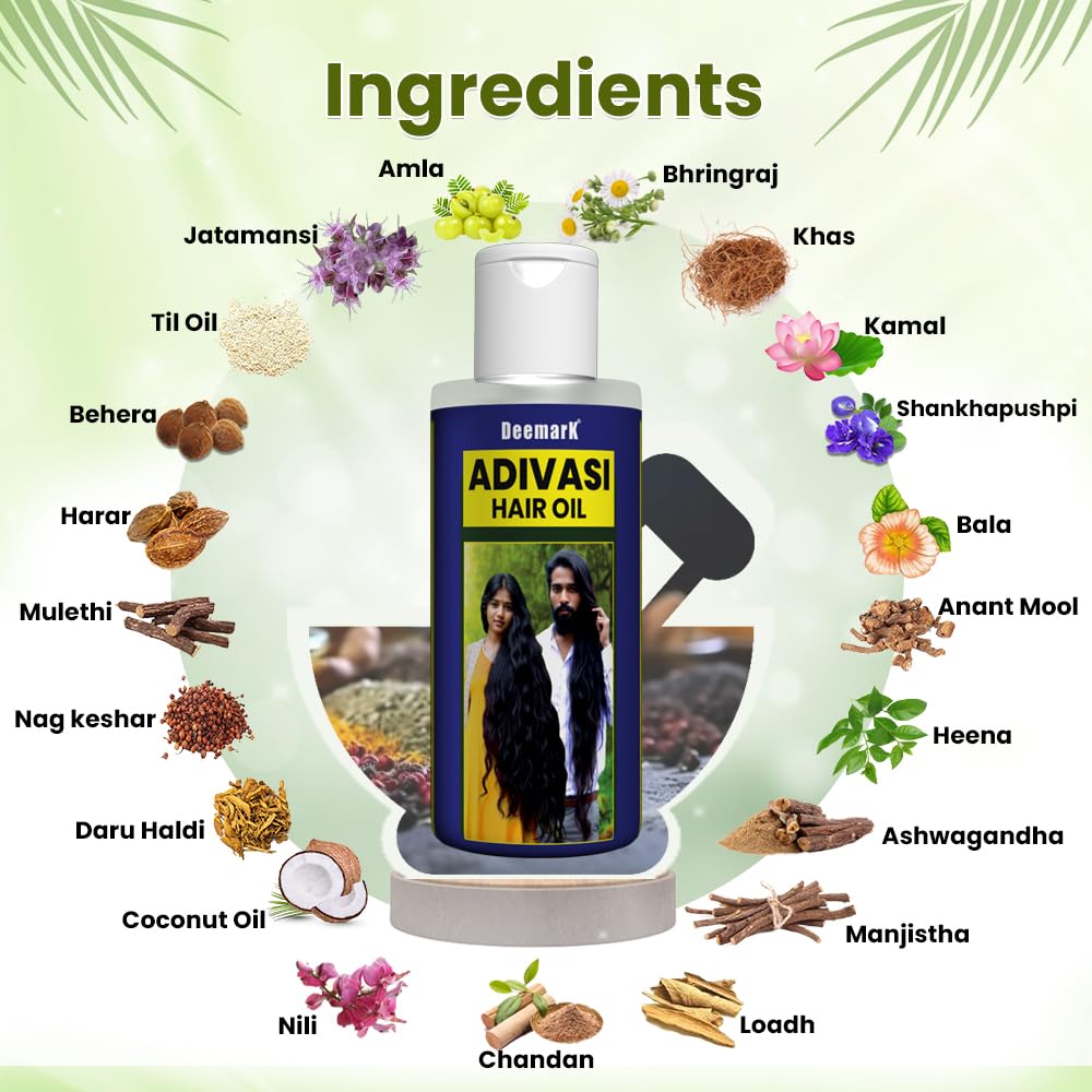 Deemark Adivasi Hair Oil - 100% Natural Non-Sticky Hair Growth Treatment for Men & Women - Suitable for All Hair Types (Pack of 3) | Daily Hair Care, Scalp Massage & Frizz Control