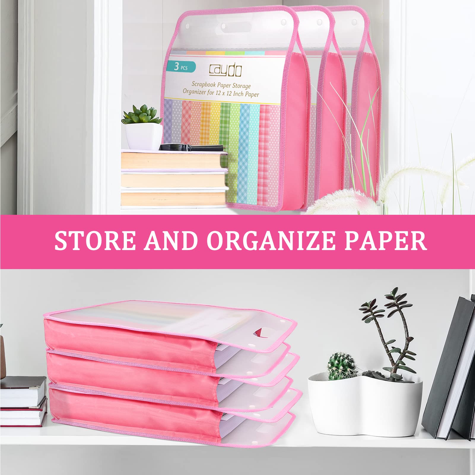 Caydo 12x12 Scrapbook Paper Organizer - Pink Expanding Storage Folio with Handle for Scrapbooking, Vinyl Paper & Cardstock - Portable Craft Supplies for Home, Office & DIY Projects