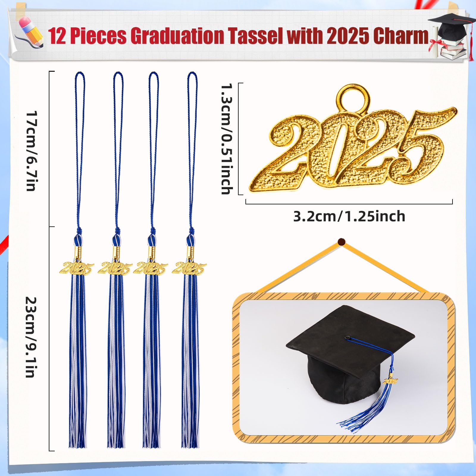2025 Graduation Tassel Set - 12 Pack with Charm for Graduation Cap Decorations | Blue & White Tassels for Graduation Ceremony & Party Supplies | High School & College Commencement Accessories