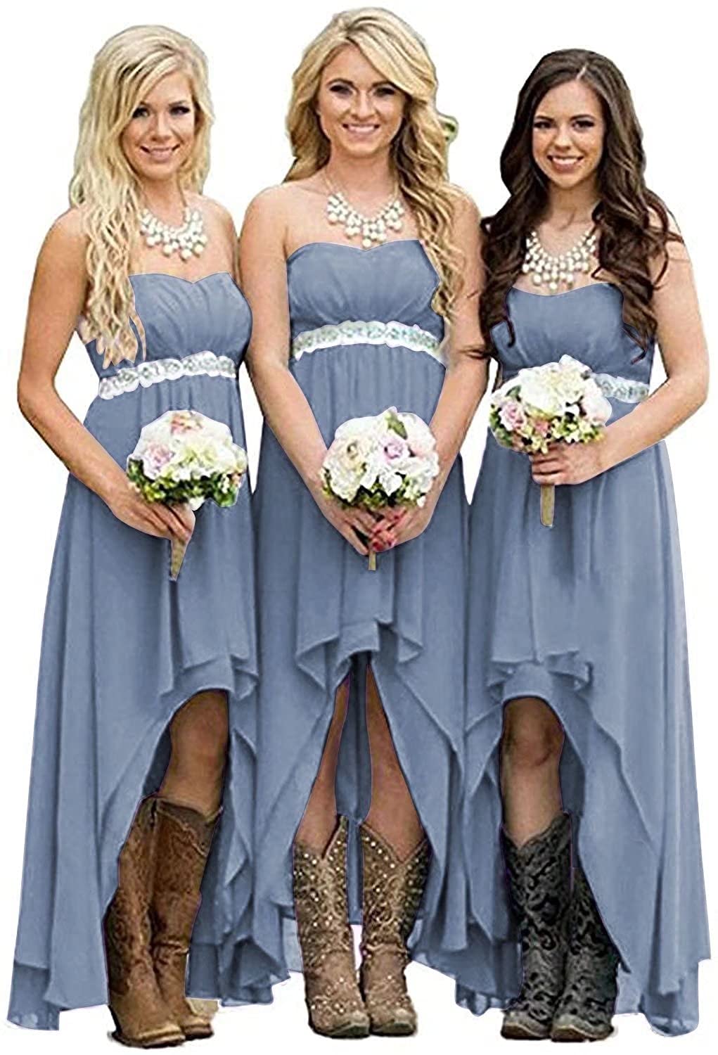 Homdor Women's Chiffon High-Low Bridesmaid Dress - Strapless Country Wedding Party Gown with Belt for Bridesmaids, Junior Brides, and Formal Events