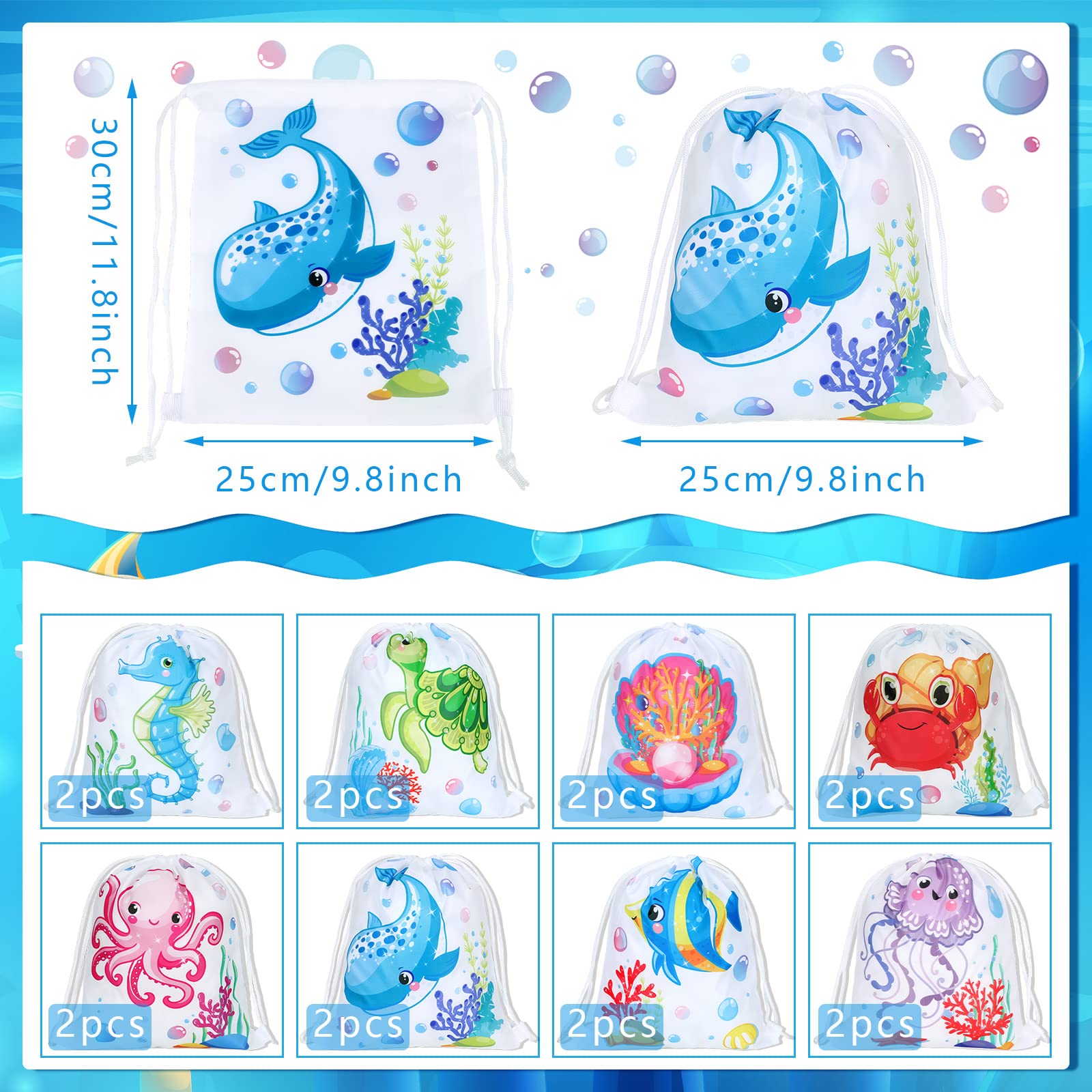 16 Pack Ocean Theme Party Favor Bags - Reusable Sea Animal Drawstring Goodie Bags for Kids Birthday, Underwater Party Decorations (11.8