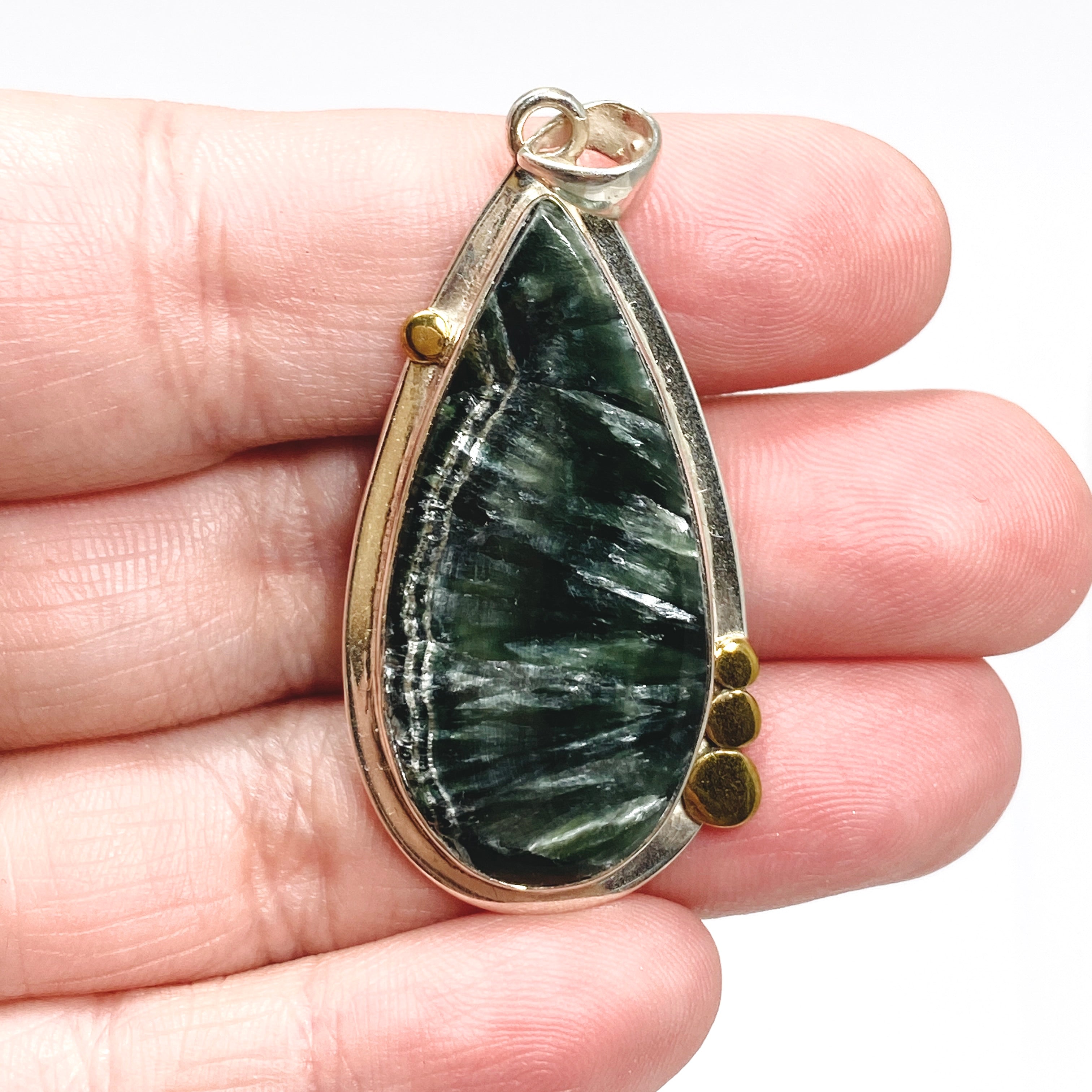 Seraphinite Teardrop Cabochon Pendant Necklace - 925 Sterling Silver Decorative Setting KPGJ4843 | Healing Crystal Jewelry for Meditation & Spiritual Gifts