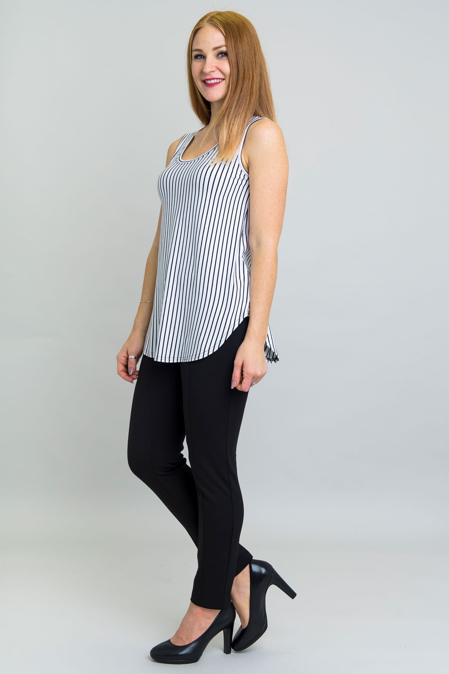 Jazz Tank Top - White & Black Small Stripe Bamboo Fabric Women's Casual Shirt | Perfect for Summer Outfits, Beach Wear, and Music Festivals