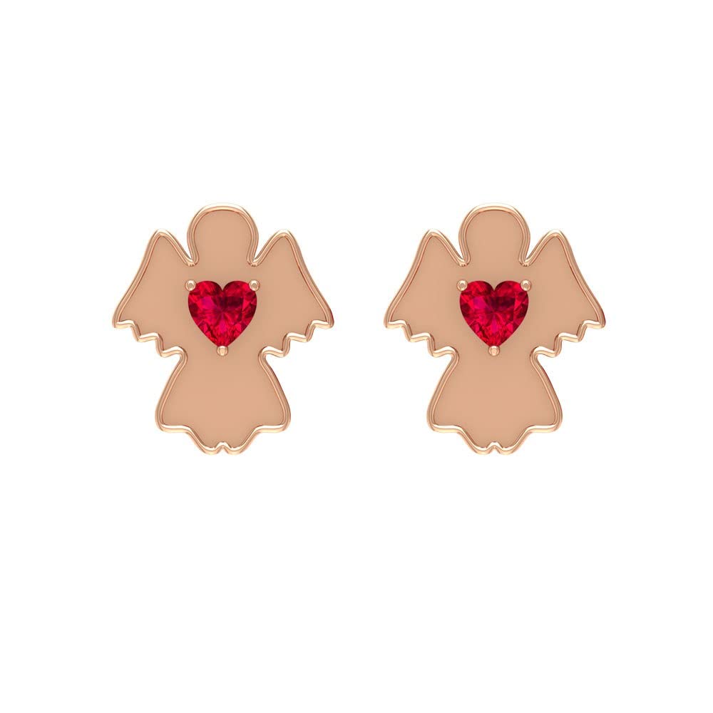 1/4 CT Genuine Ruby and 14K Solid Gold Stud Earrings for Women - Heart Shape Ruby Angel Earrings, Perfect for Valentine's Day Gifts, Anniversary Presents & Special Occasions