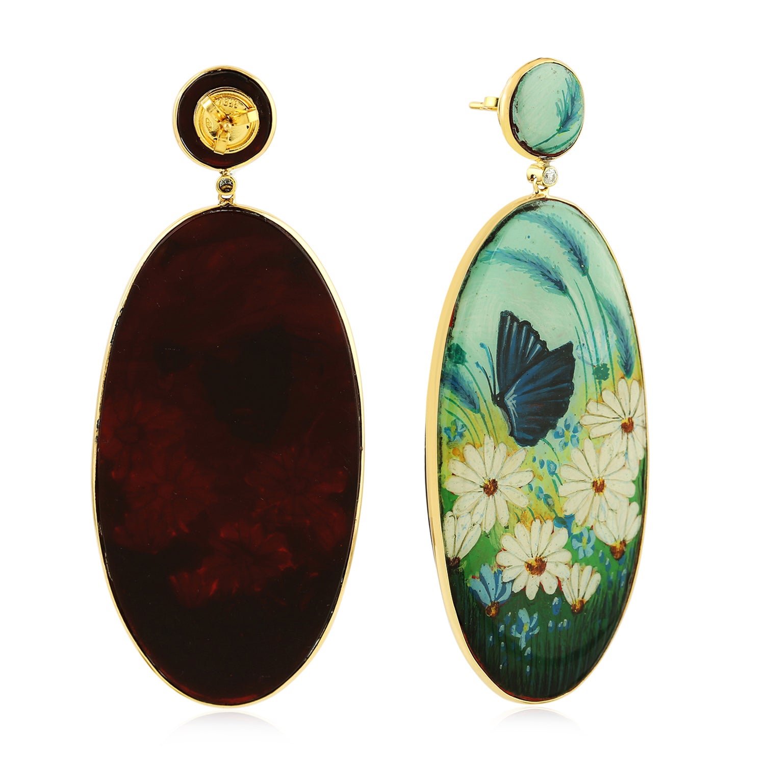 18K Yellow Gold Prong Set Diamond Bakelite Gold Butterfly Dangle Earrings - Elegant Jewelry for Women, Perfect for Weddings, Parties & Special Occasions
