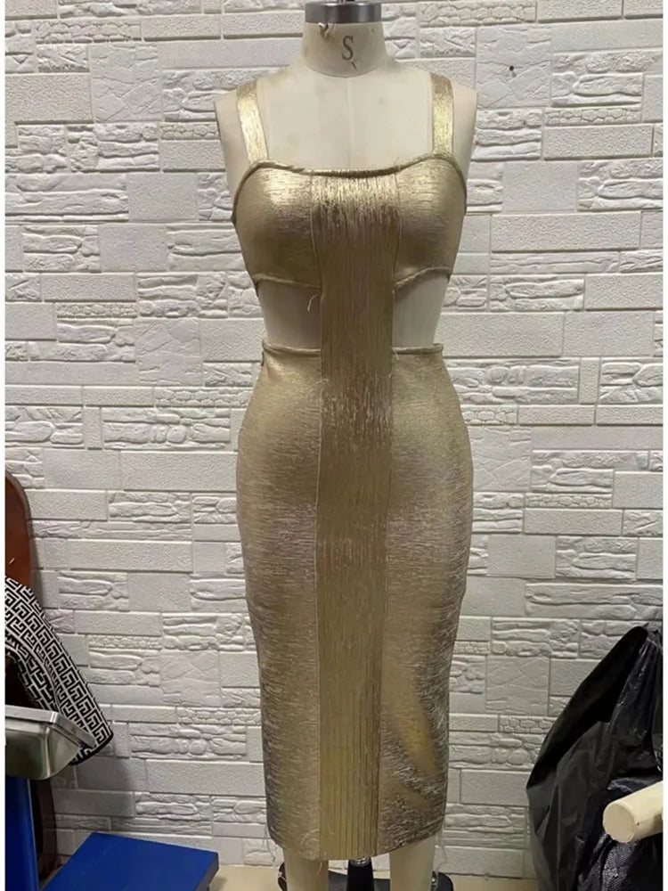 Gold Foil Summer Sleeveless Bandage Bodycon Midi Dress - Elegant Sexy Women's Evening Party & Birthday Dress for Night Out, Club, Cocktail Events