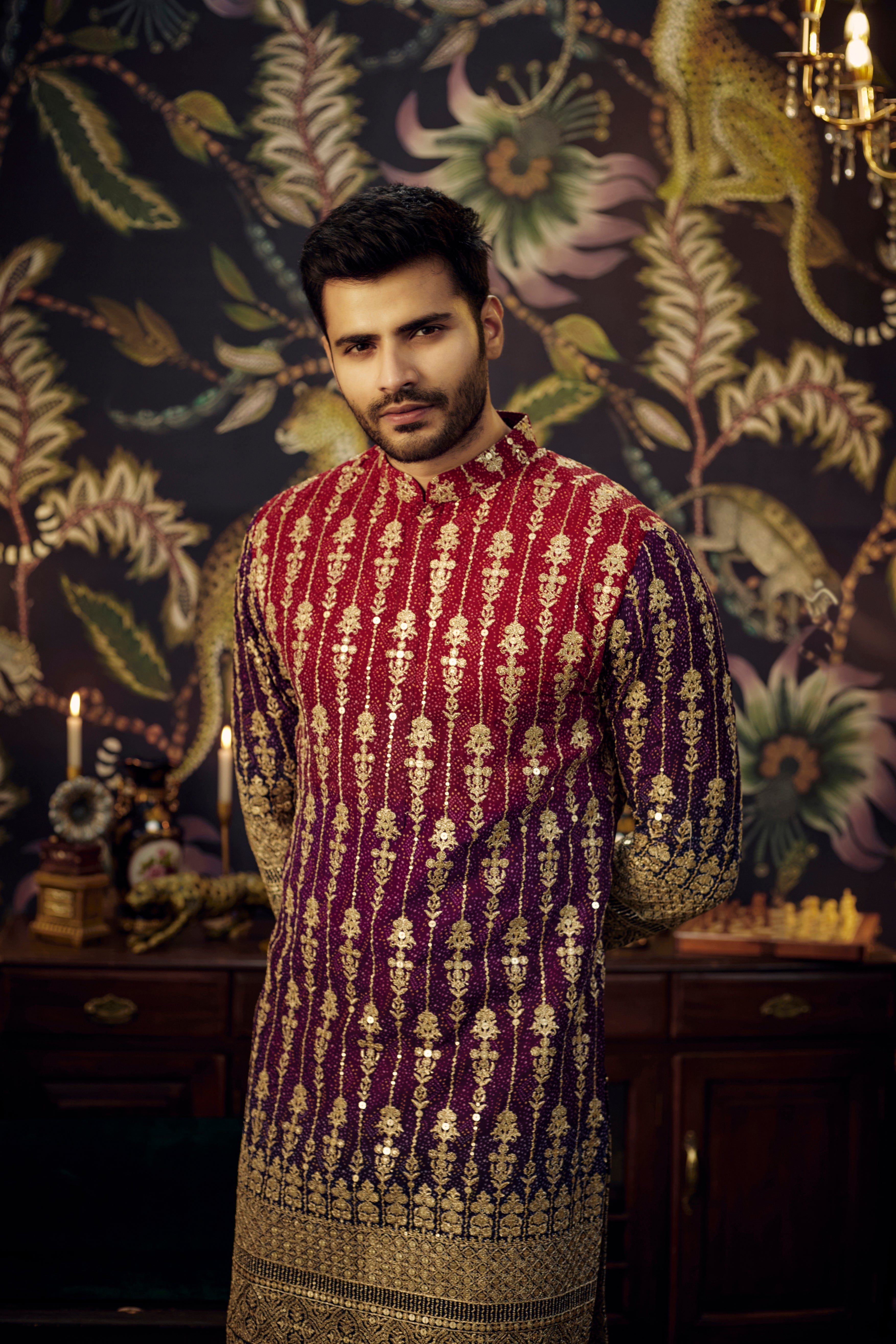 Elegant Maroon Purple Ombre Graded Kurta with Intricate Gota Embroidery - Perfect for Festivals, Weddings & Ethnic Fashion