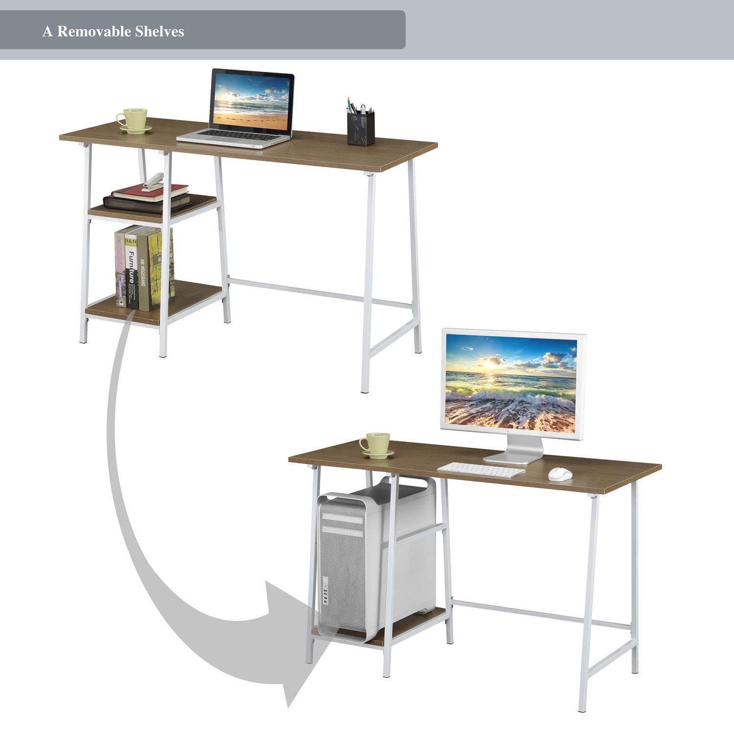 Convenience Concepts Designs2Go Trestle Wood Metal Desk - Driftwood & White Finish - Home Office Desk, Study Table, Writing Desk for Small Spaces & Dorm Rooms