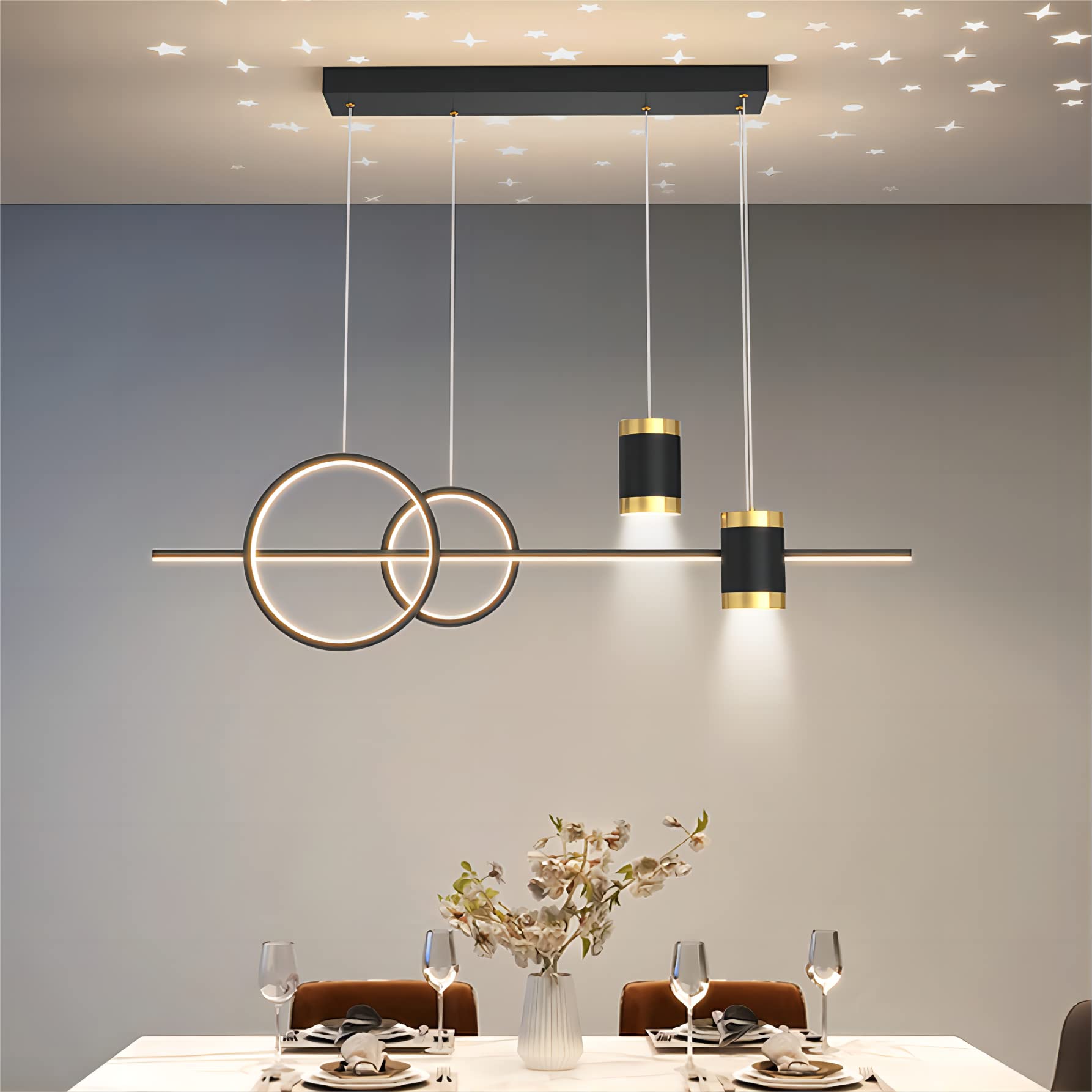 5-Light LED Island Pendant Light - 39.4 Inch Modern Geometric Linear Hanging Light with Remote Control & Dimmable Function - Perfect for Kitchen Island, Dining Room, Bar Counter and Open Concept Spaces (Black)