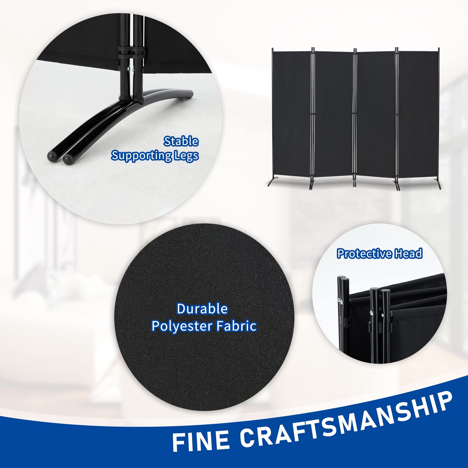 4 Panel Folding Room Divider Privacy Screen - 5.6 FT Freestanding Partition for Office, Bedroom & Study - Portable Space Separator for Home & Office Use - Black