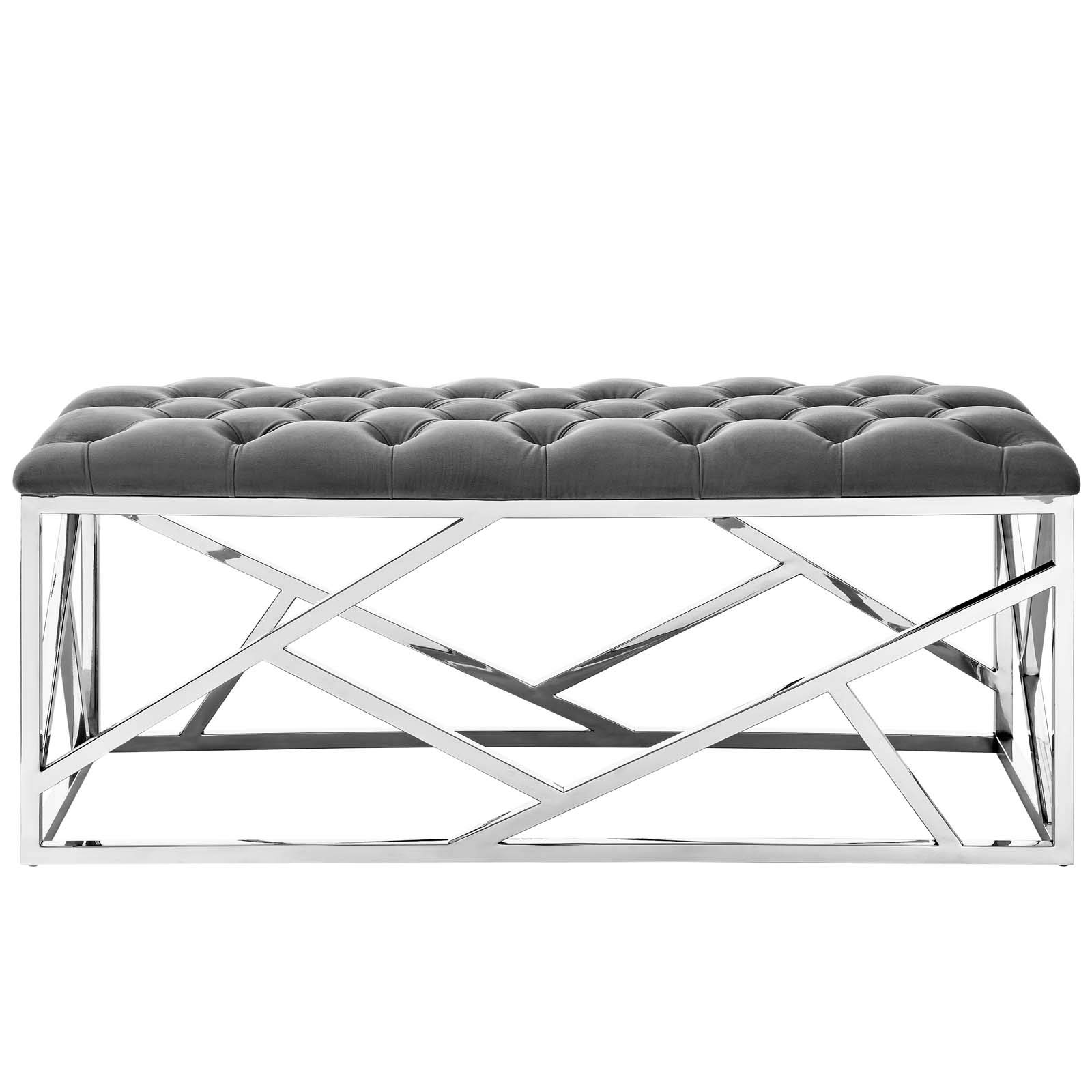 Modern Contemporary Velvet Accent Chair with Metal Frame - Stylish Lounge, Lobby & Living Room Bench in Gray - Perfect for Home, Office & Hotel Decor