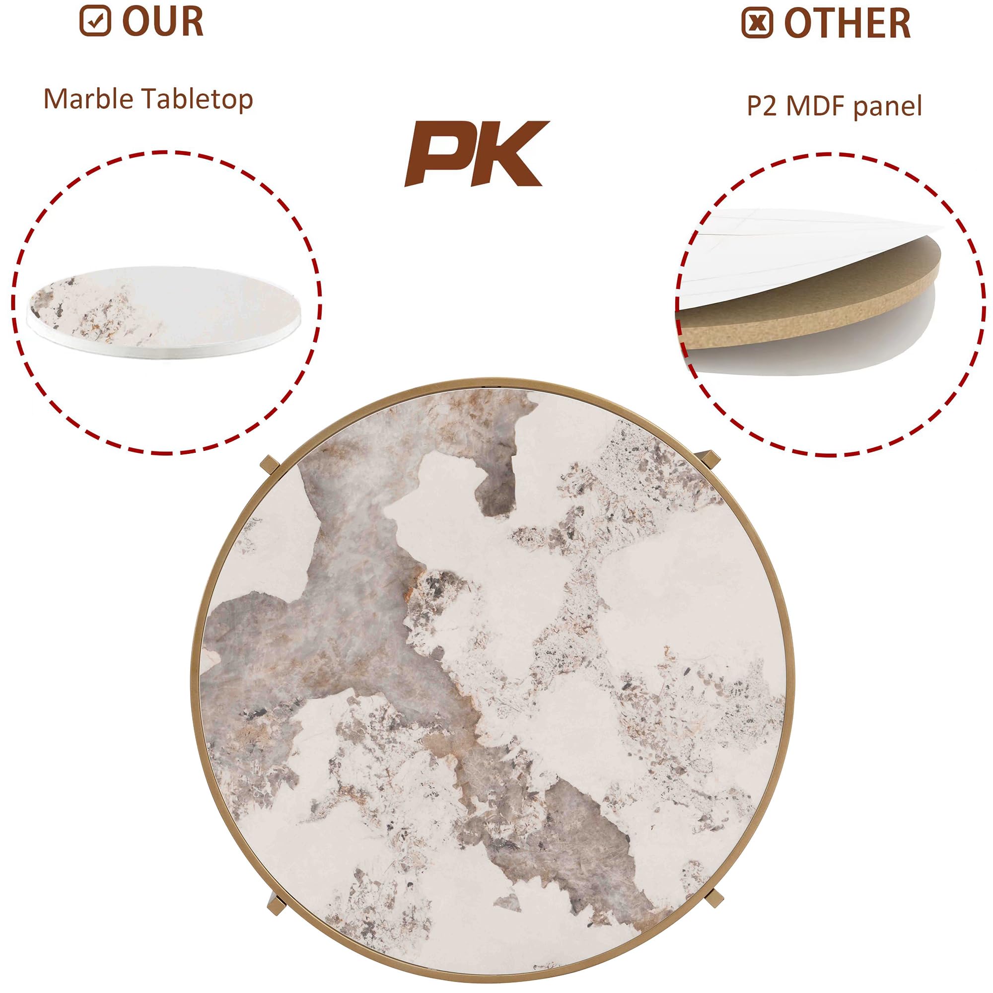 Modern Round Coffee Table & End Table Set of 3 - Gold Metal Frame with Marble Top - Luxury Living Room Furniture for Home & Office - Perfect for Small Spaces, Entertaining Guests & Stylish Home Decor