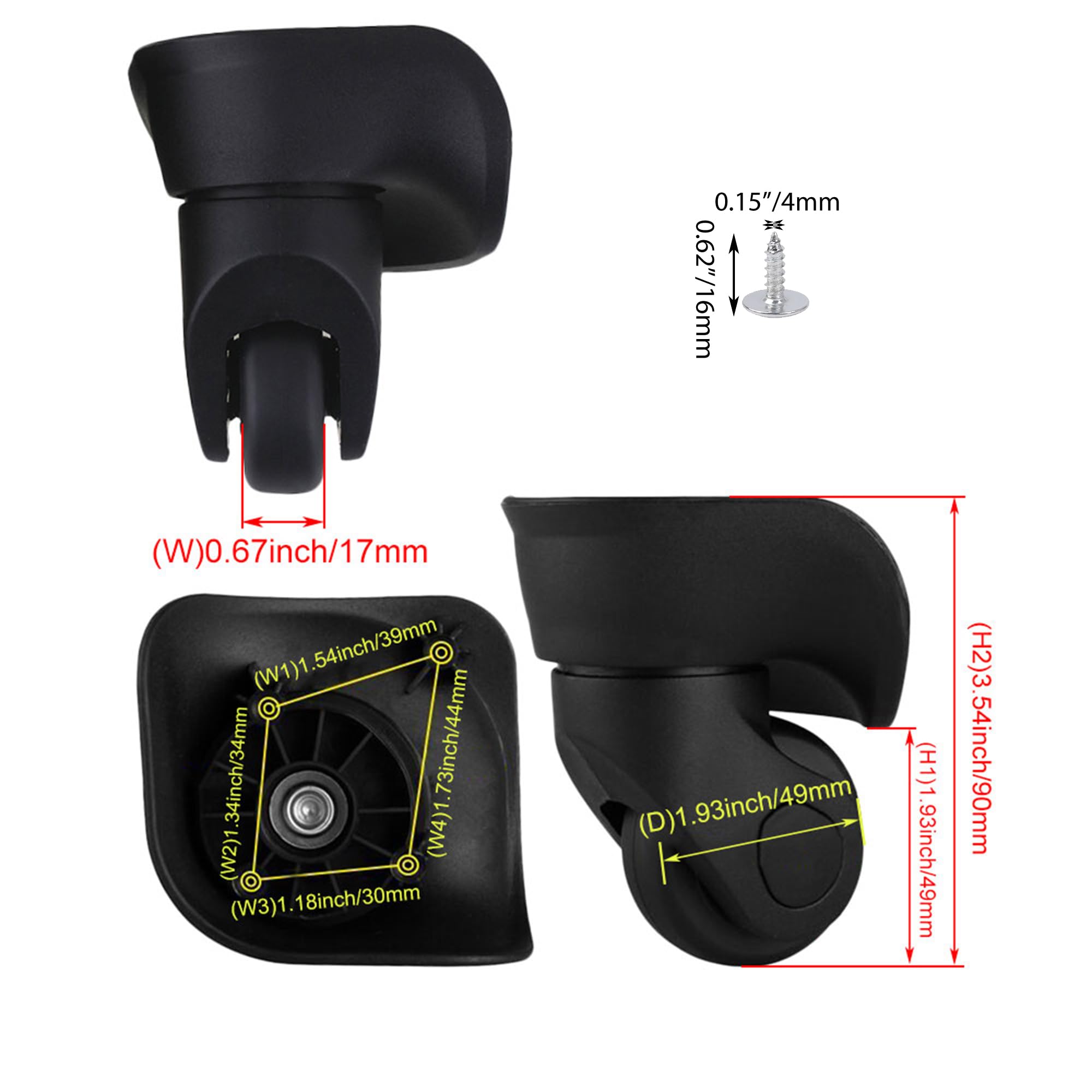 RDEXP 4 Holes DIY Luggage Swivel Caster Wheels with Installation Tool - Left & Right Wheel Set (Pack of 2) for Suitcase, Travel Bags & Rolling Carts - Easy Replacement & Smooth Mobility