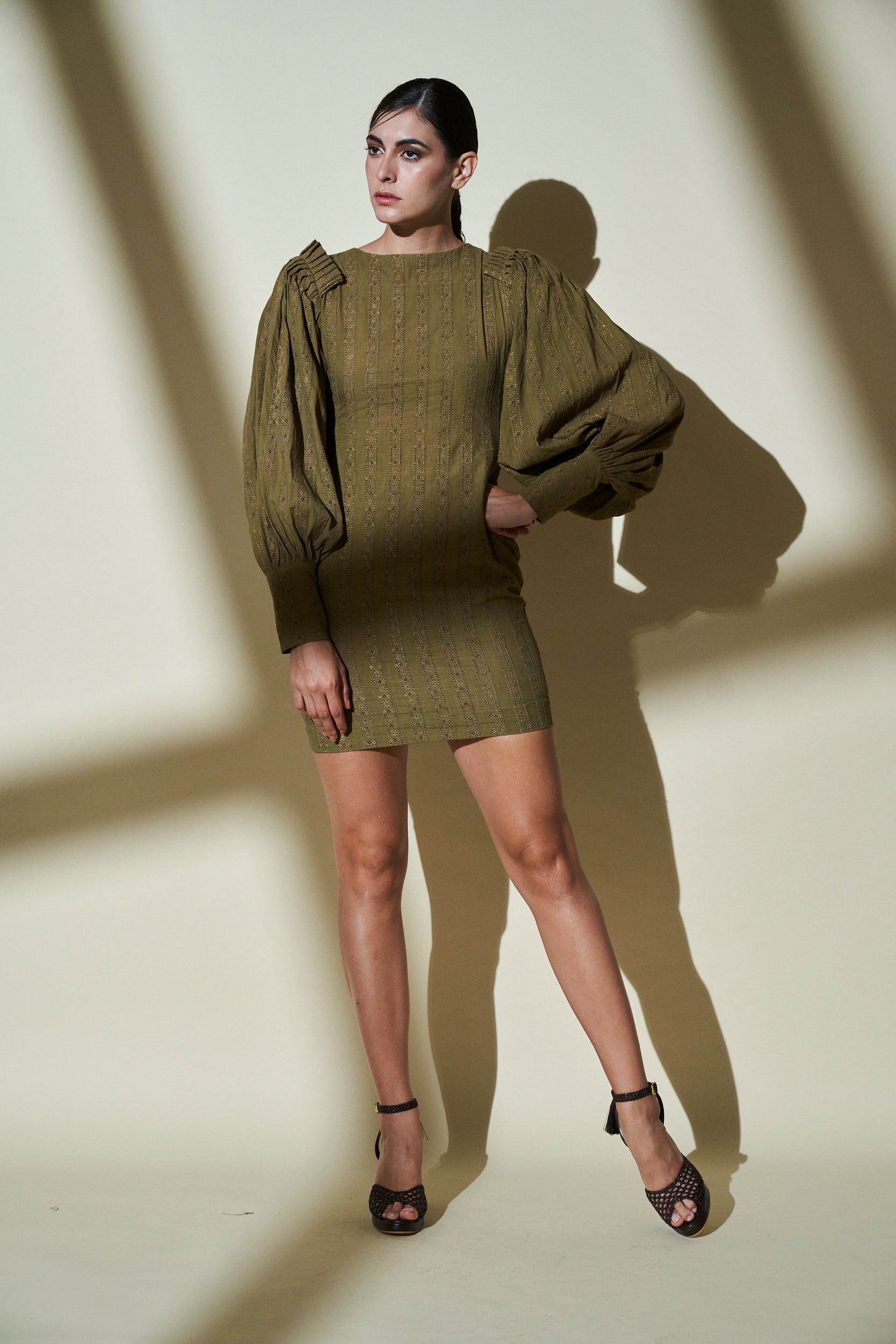 Eco-Friendly Green Cotton Short Dress with Pleated Sleeves - Perfect for Summer Outings, Beach Vacations & Casual Wear