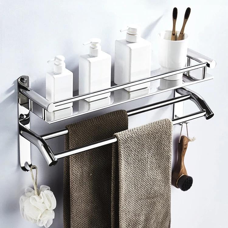 Stainless Steel Bathroom Shelf with Towel Bar & Hooks - Wall Mount Organizer for Kitchen & Bathroom Storage - Perfect for Towels, Toiletries & Accessories - Silver