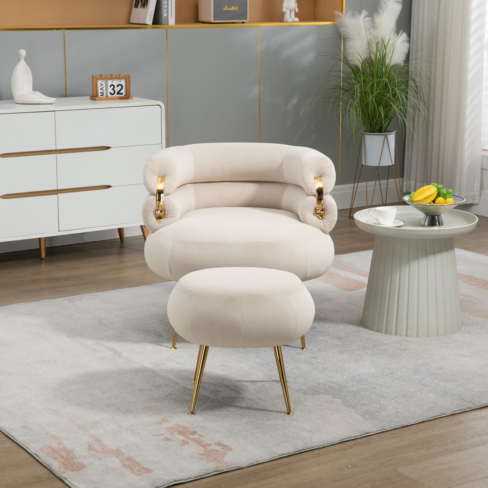 Luxury Velvet Accent Chair with Ottoman - Modern Barrel Chair with Gold Buckle & Wooden Legs, Round Sofa Chair for Living Room, Bedroom, Office | Plush Comfort with Footrest for Small Spaces (Velvet Beige) - Perfect for Reading Nook, Lounge Area & Home Decor