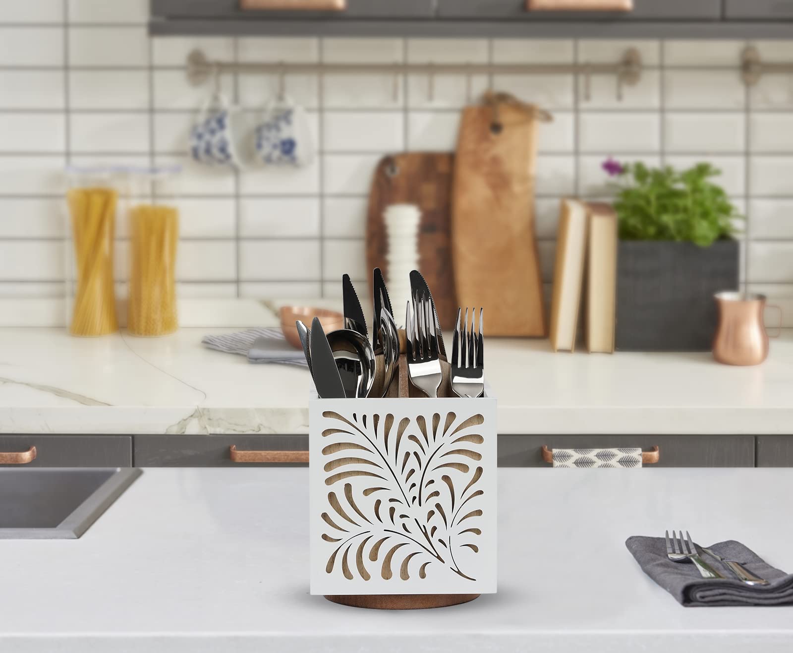 360° Rotating Wooden Kitchen Utensil Holder - Countertop Organizer for Spoons, Knives, Forks - 5.5