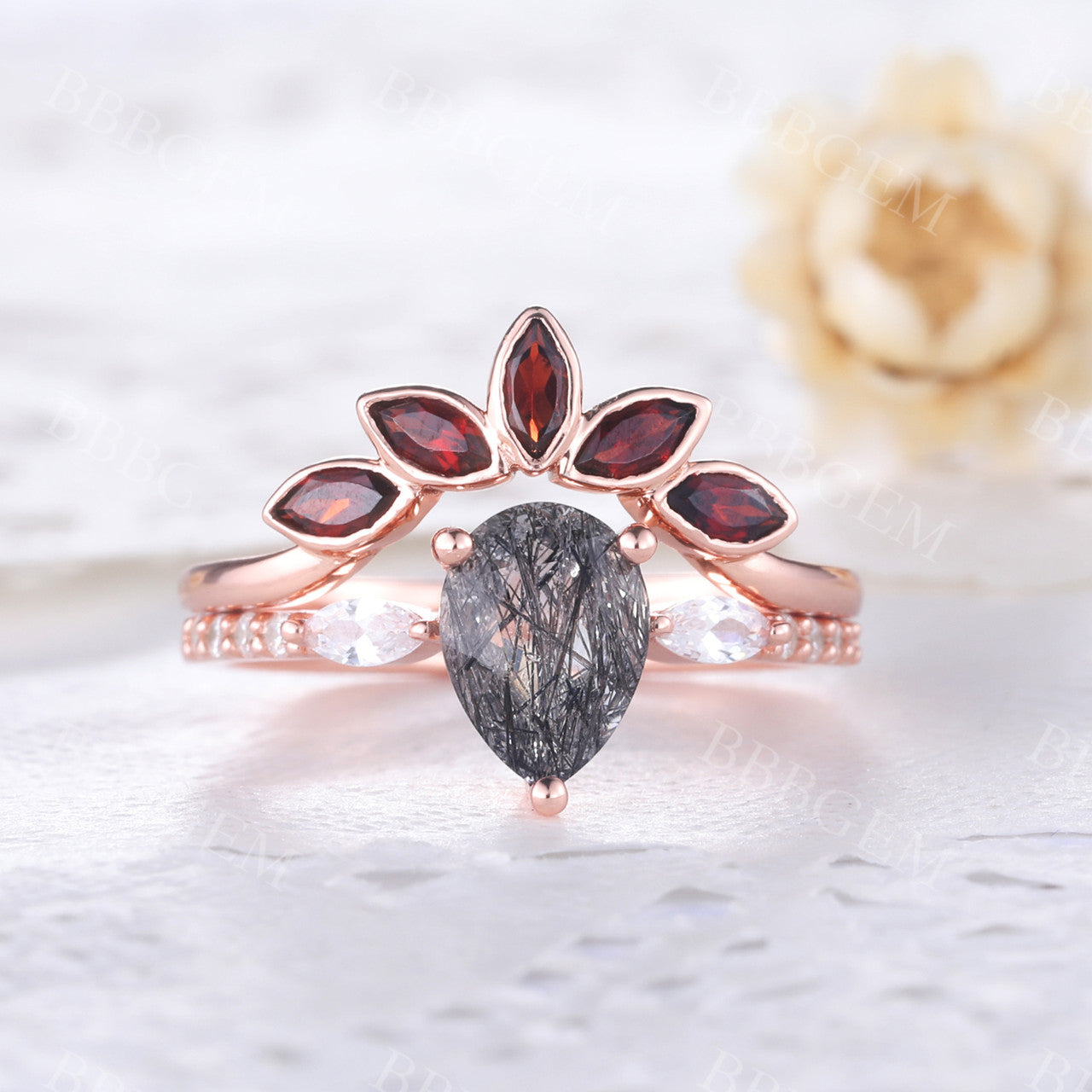 Black Rutilated Quartz & Garnet Rose Gold Engagement Ring Set with Matching Wedding Band - Perfect for Proposals, Anniversaries & Bridal Jewelry