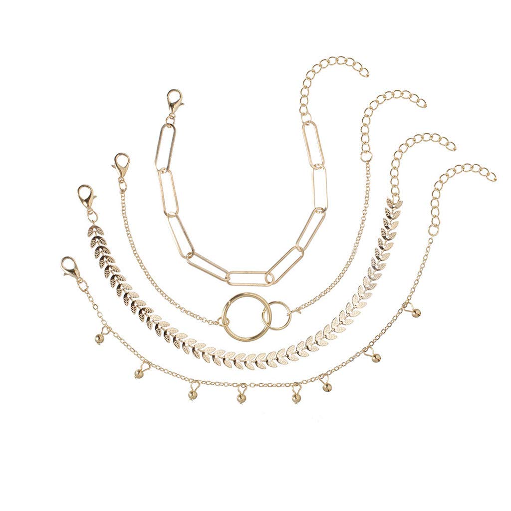 Punk Chain Bracelet Set for Women - 4PC Summer Charm Bangles & Silver Earrings - Gold One Size - Perfect for Beach Parties, Music Festivals & Boho Fashion