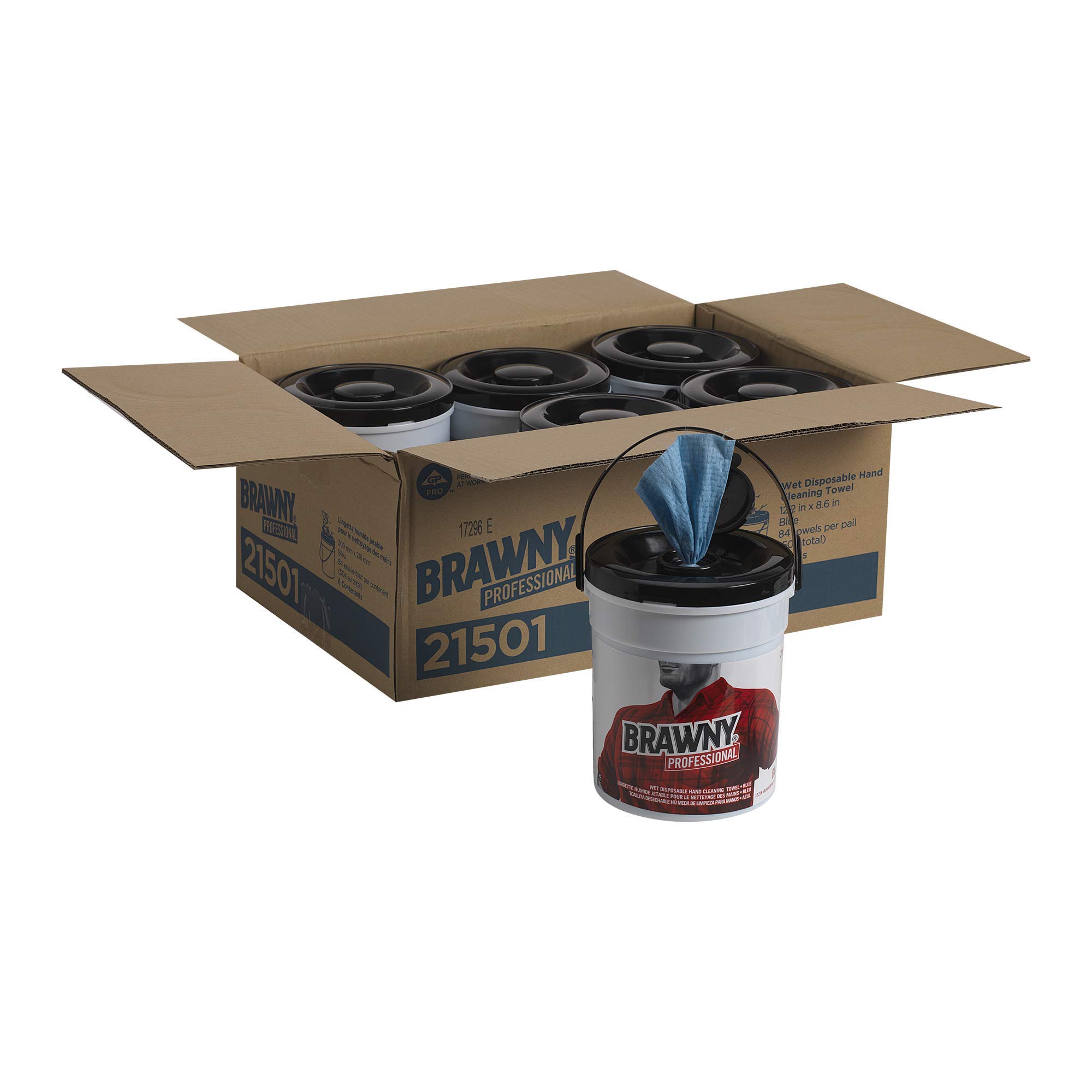 Brawny Professional Disposable Wet Wipes for Hands Cleaning - Blue, 84 Towels per Bucket, 6 Buckets per Case (8.6