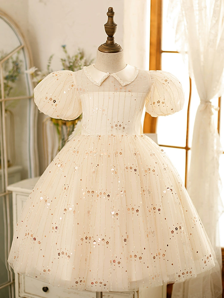 White Princess Collar Tea-Length Tulle Flower Girl Dress for Weddings & Special Occasions