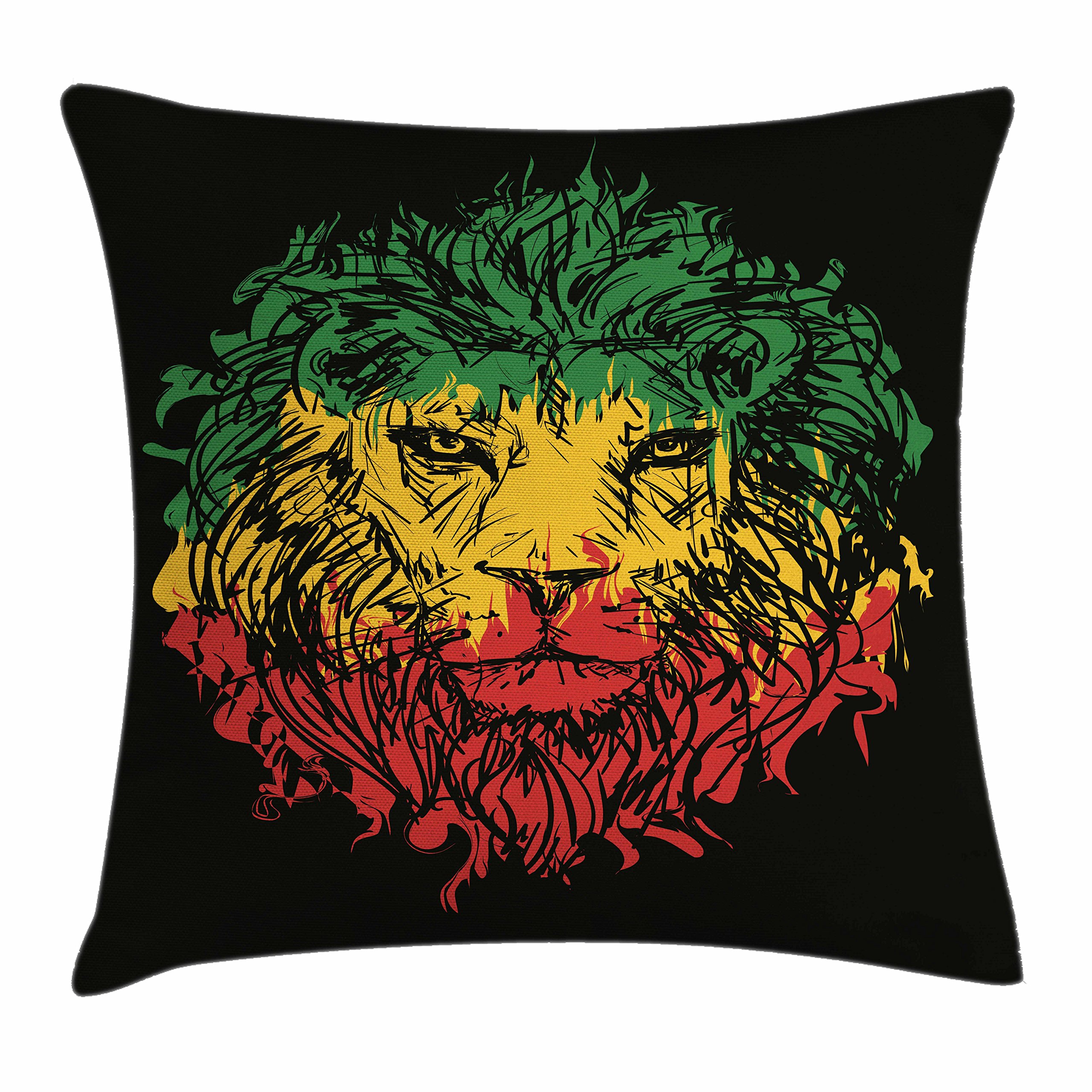 Ambesonne Rasta Throw Pillow Cover 36x36 Inches - Ethiopian Flag Colors Grunge Lion Head Design, Square Decorative Cushion Case in Pale Green & Yellow - Perfect for Bohemian Living Room, Dorm, or Bedroom Decor
