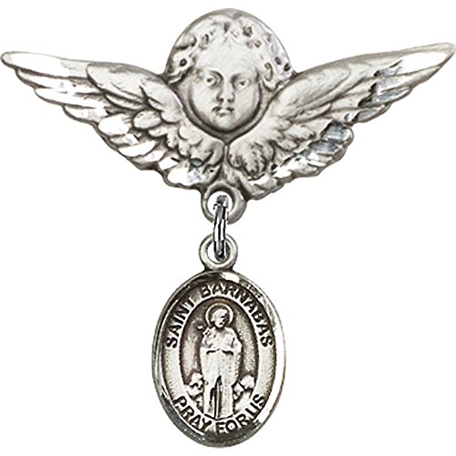 St. Barnabas Sterling Silver Baby Badge with Angel Wing Charm - 1 1/8 X 1 1/8 Inch Religious Jewelry Pin for Christening, Baptism & Baby Blessing Gifts
