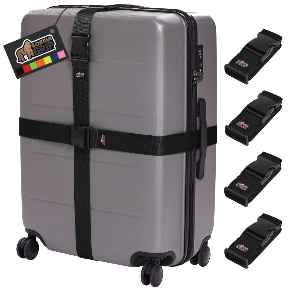 GORILLA GRIP Heavy Duty Adjustable Luggage Straps 4-Pack - Secure Suitcases for Travel