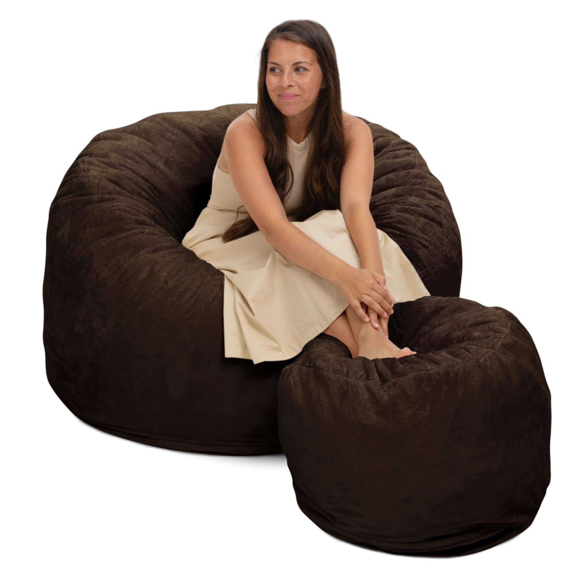 Ultimate Sack 4ft Large Bean Bag Chair with Footstool - Oversized Comfortable Bean Bag Couch for Adults, Lounge Sofa & Loveseat Furniture in Brown Fur | Perfect for Living Room, Bedroom, Game Room & Dorm Relaxation