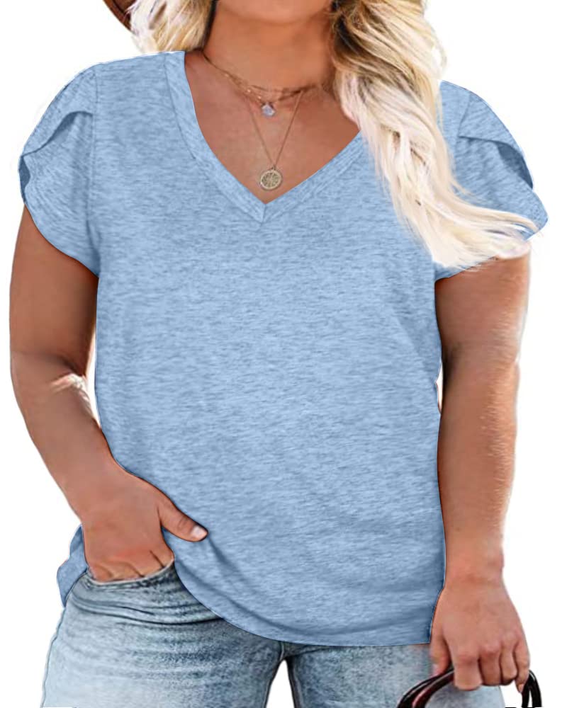Plus Size Women's V-Neck T-Shirts - Casual Loose Fit Petal Sleeve Tops for Everyday Wear | Perfect for Work, Weekend & Summer Outfits