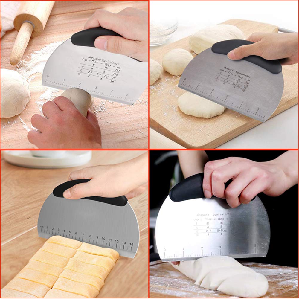 3-Piece Stainless Steel Dough Scraper Set - Pastry Cutter, Pizza Chopper with Ergonomic Handle & Measuring Scale for Baking, Cooking & Kitchen Prep