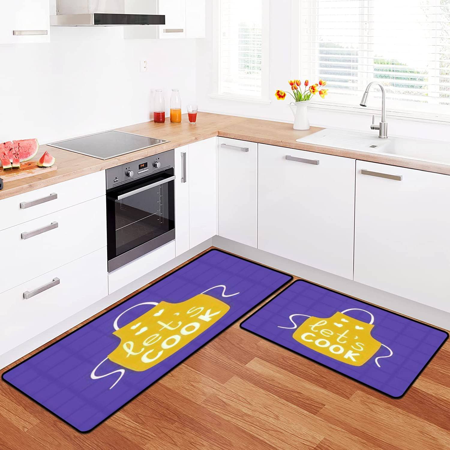 Cute Cartoon Style Kitchen Rugs Set - Non-Slip Washable Kitchen Runner with Apron & 'Let's Cook' Lettering - Perfect for Floor Mats, Doormats, Bath Rugs & Comfortable Standing Decor - Ideal for Kitchens, Entryways & Laundry Rooms