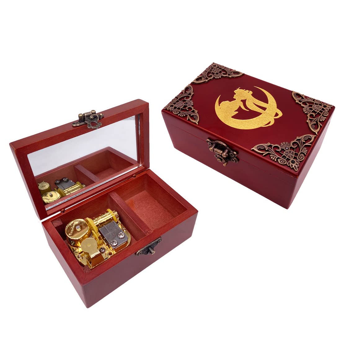 18-Note Wooden Vintage Musical Jewelry Box - Plays Moonlight Densetsu - Handcrafted Music Box with Mirror & Lock - Perfect Christmas Gift, Birthday Present & Home Decor for Anime Fans & Collectors - Ideal for Bedroom Vanity, Dresser Display & Jewelry Storage