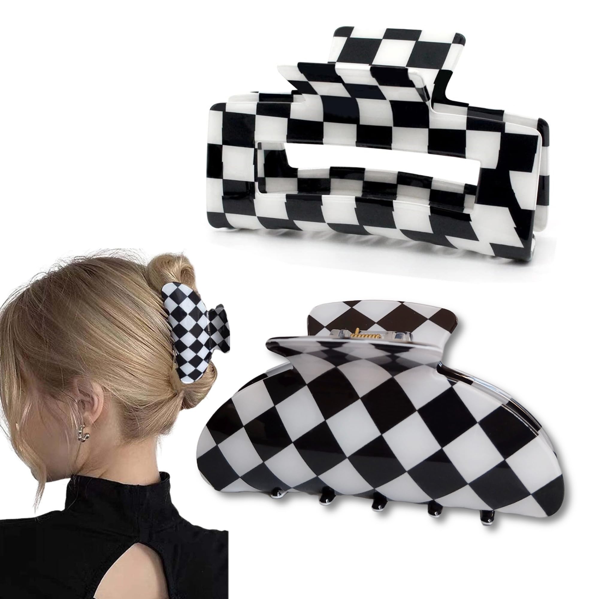 Women's Large Checkered Hair Clips - 2 Pack Black & White Claw Jaw Clips for Women & Girls - Perfect for School, Work, and Everyday Hairstyles