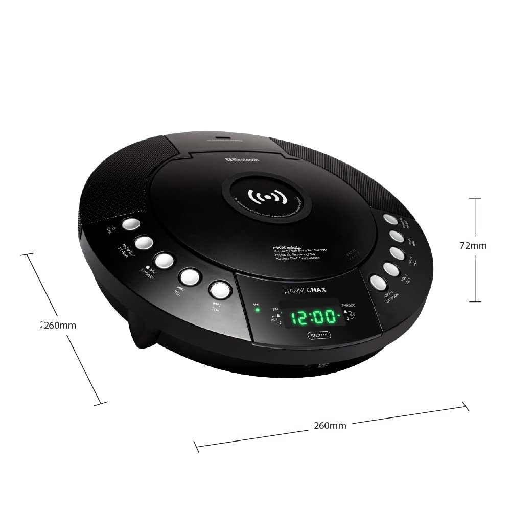 HANNLOMAX HX-329CD Wireless Charging CD Player with Bluetooth, FM Radio, Digital Clock & Dual Alarm - Green LED Display, USB/Aux-in Port, Remote Control - Perfect for Bedroom, Office & Car Use