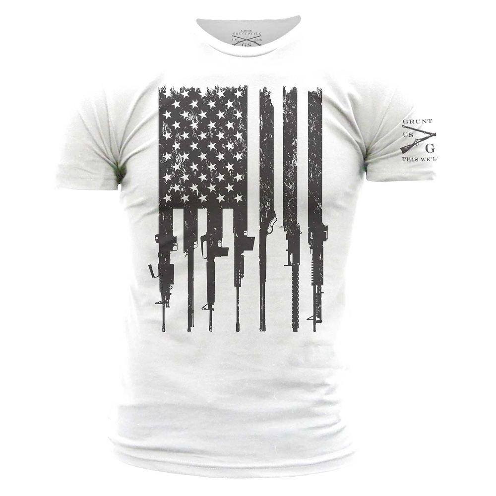 Rifle Flag T-Shirt - Patriotic American Flag Gun Design - White Cotton Tee for Men & Women - Perfect for 2A Supporters, Shooting Range, and Outdoor Activities