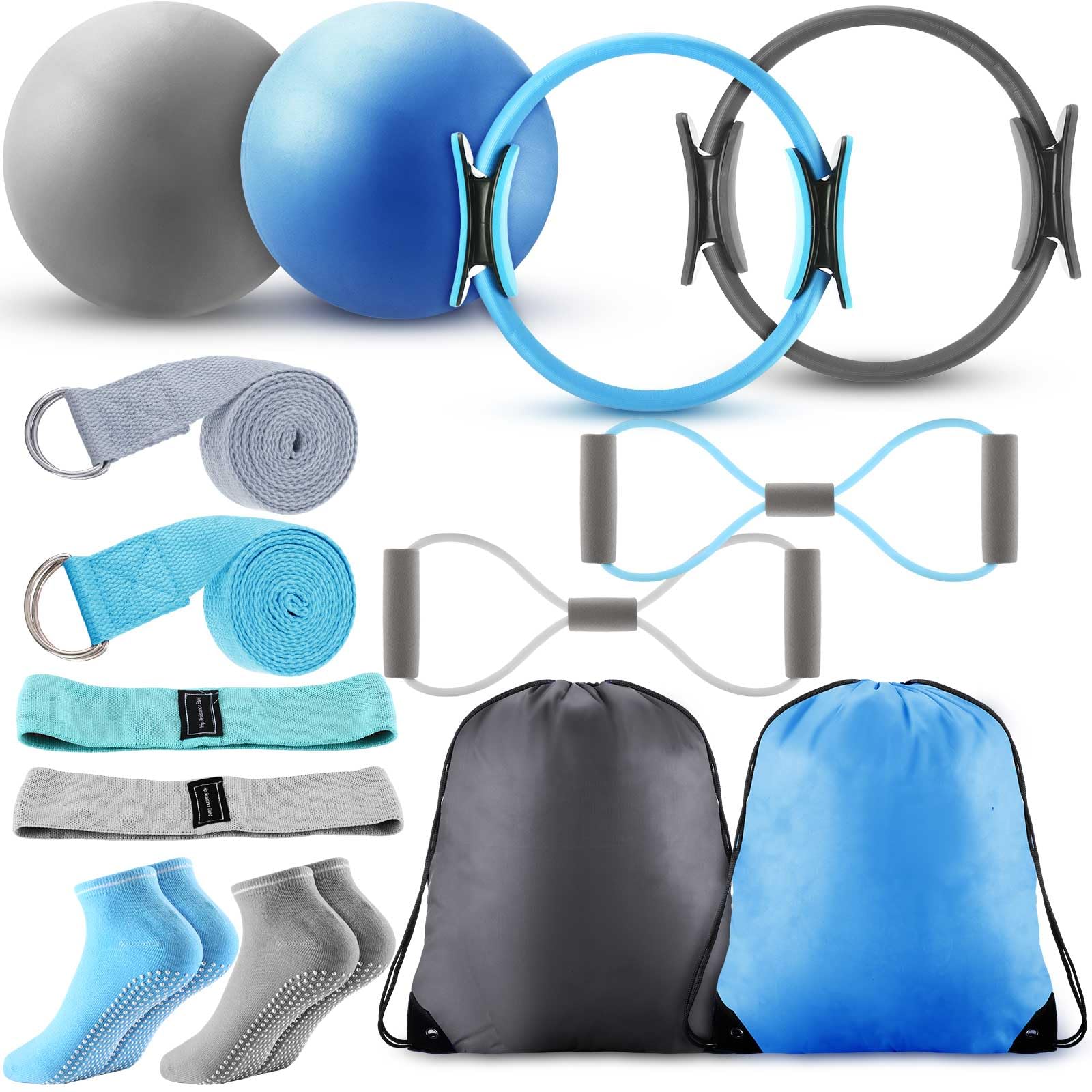 Poen 14-Piece Pilates Ring and Ball Set with Stretching Strap, 8 Resistance Bands, Non-Slip Socks & Gym Bag - Women's Home & Studio Workout Equipment for Yoga, Pilates & Fitness Training