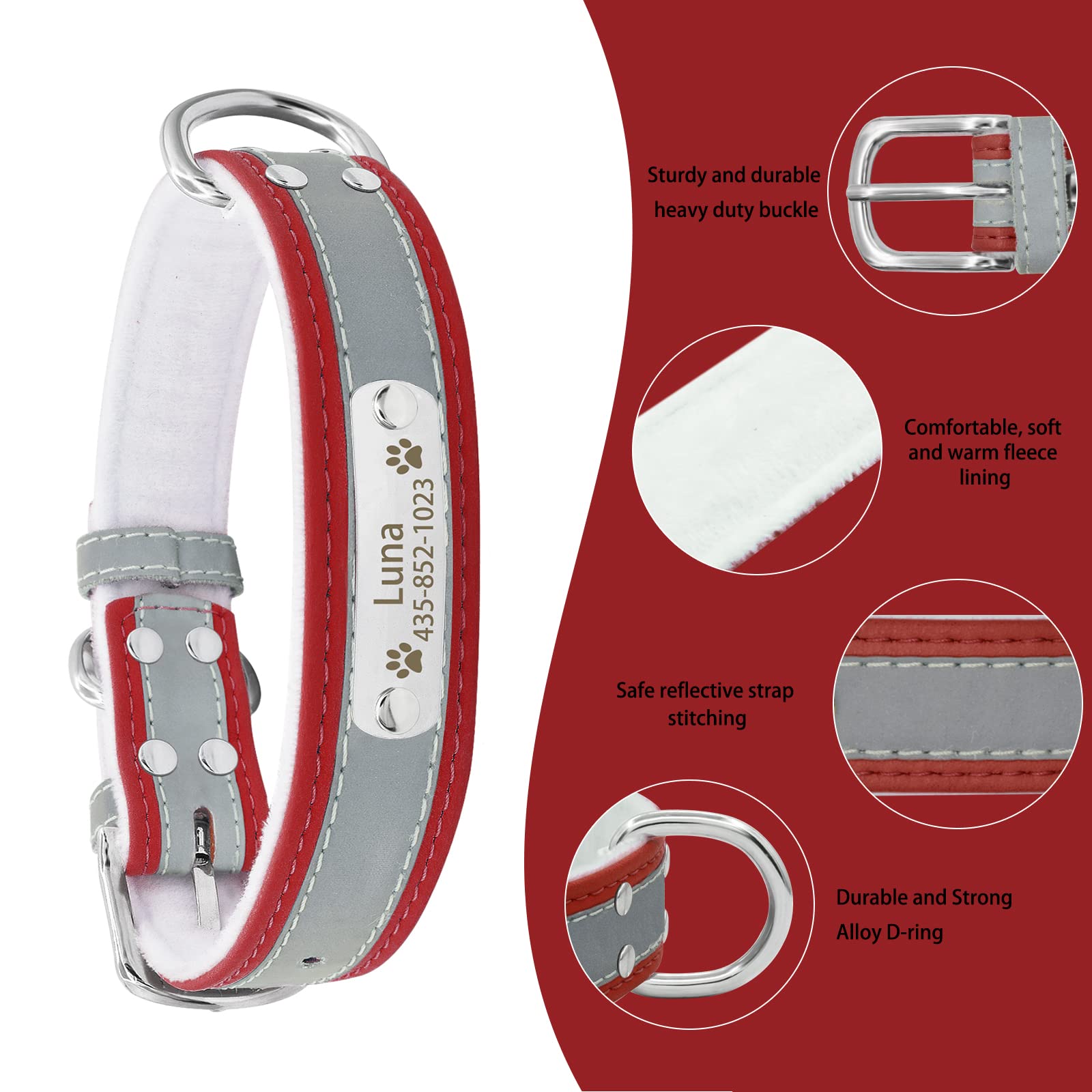Custom Personalized Reflective Dog Collar & Leash Set with Name Plate - Engraved Leather Pet Collar for Small Medium Large Dogs & Cats - Perfect for Night Walks, Outdoor Adventures & Pet Safety