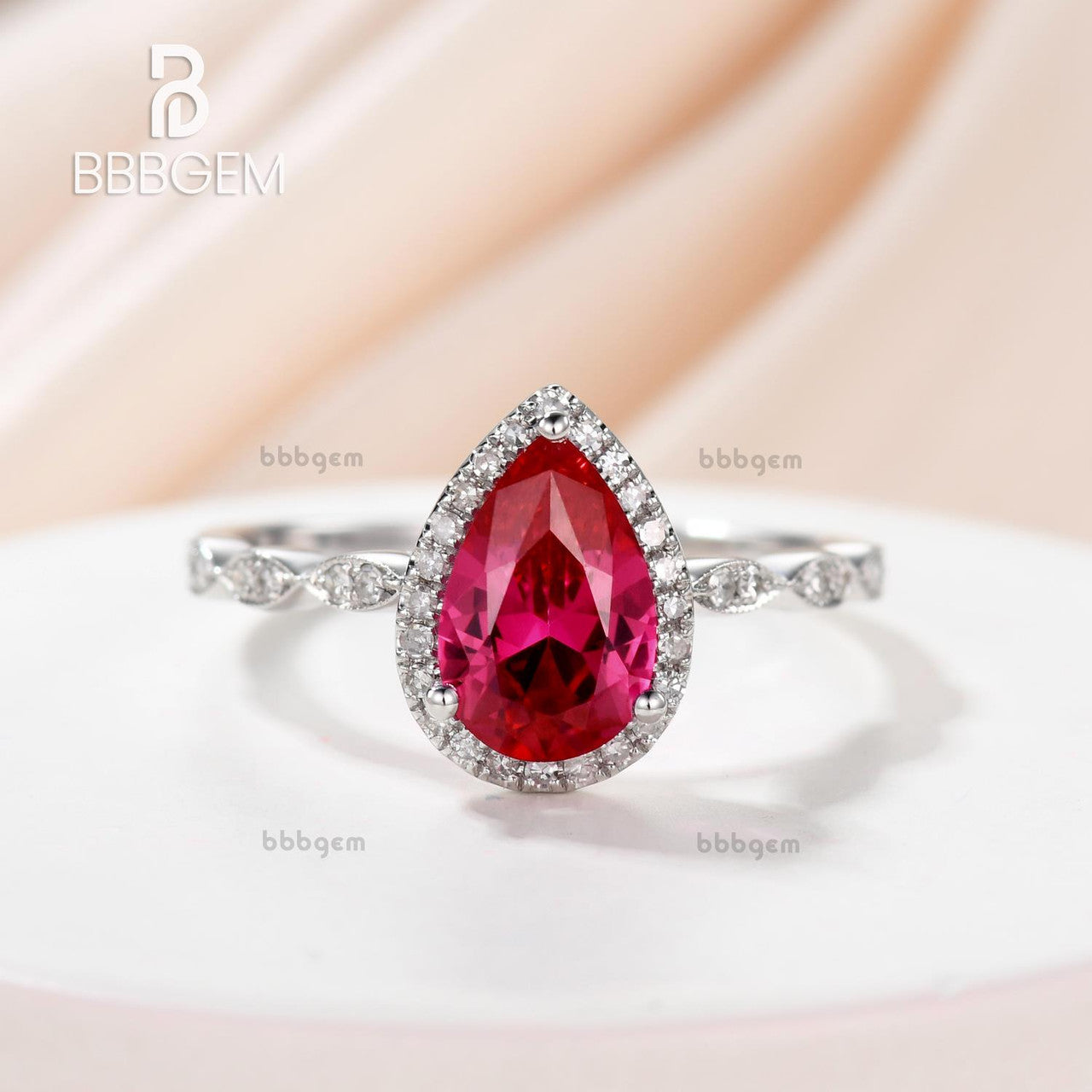 14K White Gold Pear Cut Ruby Engagement Ring - Vintage Art Deco Style with Marquise Band & Milgrain Edge - Perfect for Anniversaries, Promise Rings & Romantic Gifts for Her - Ideal for Proposals, Weddings & Special Occasions