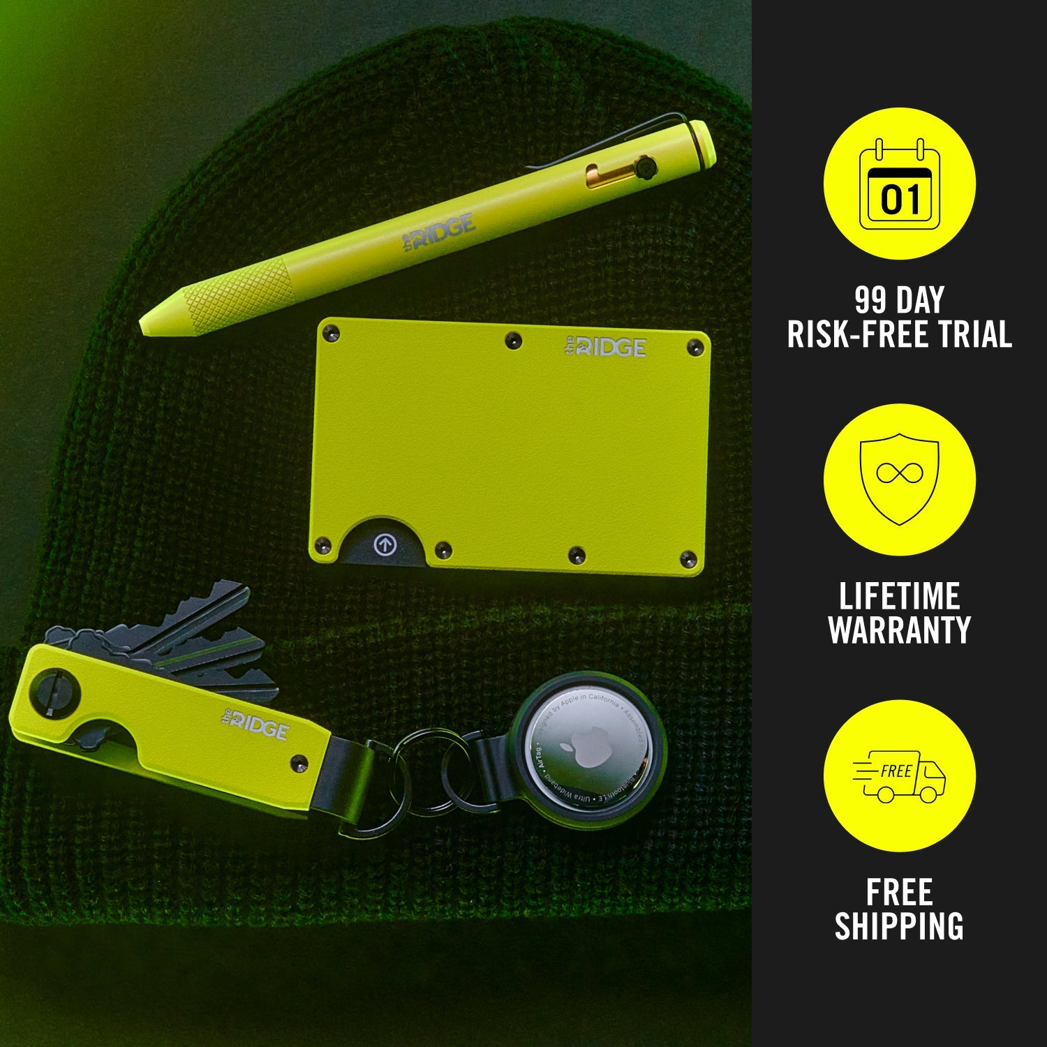 Ridge Daily Driver Kit - Hyper Lime | Slim RFID Blocking Wallet with Money Clip | Perfect for Everyday Carry, Travel & Minimalist Lifestyle