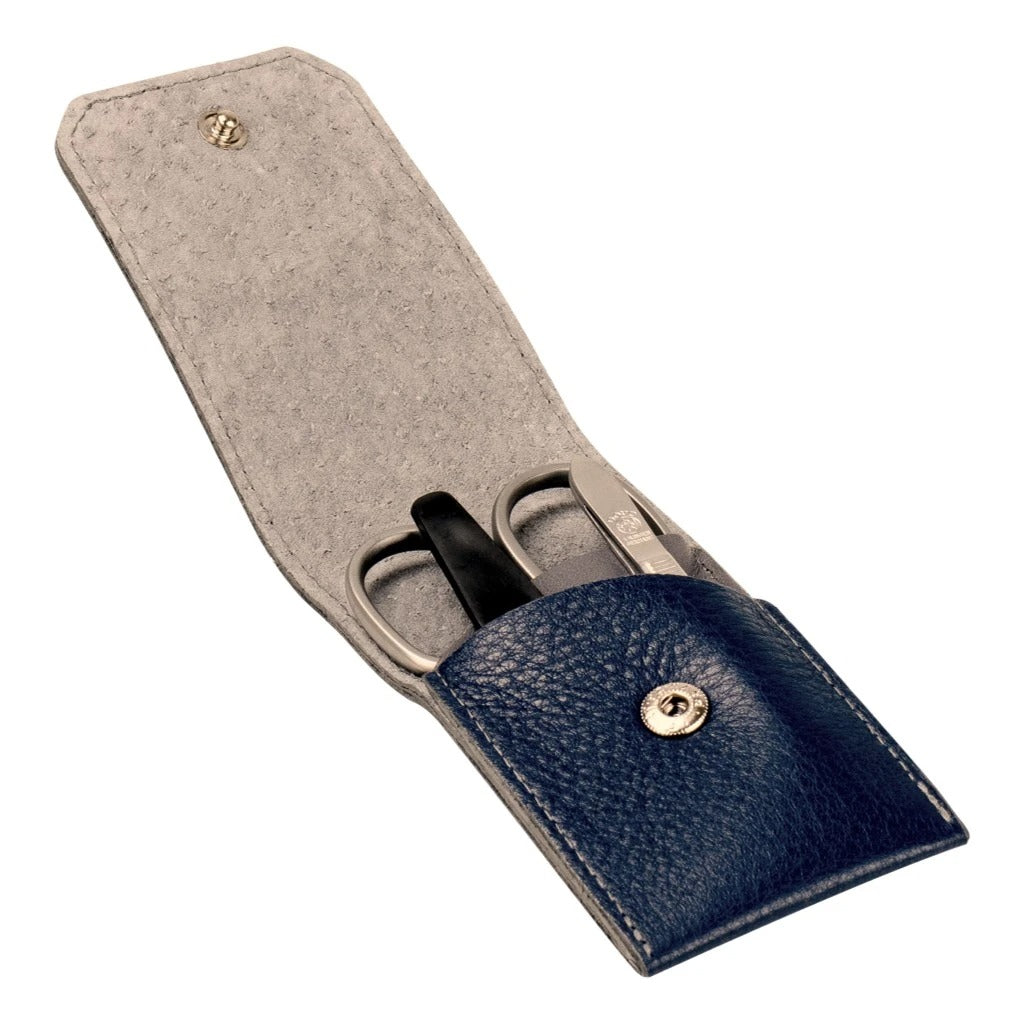 Dovo Navy Blue Leather 3-Piece Manicure Set for Men - Professional Nail Care Kit with Travel Case - Perfect for Home, Salon & Grooming Gifts