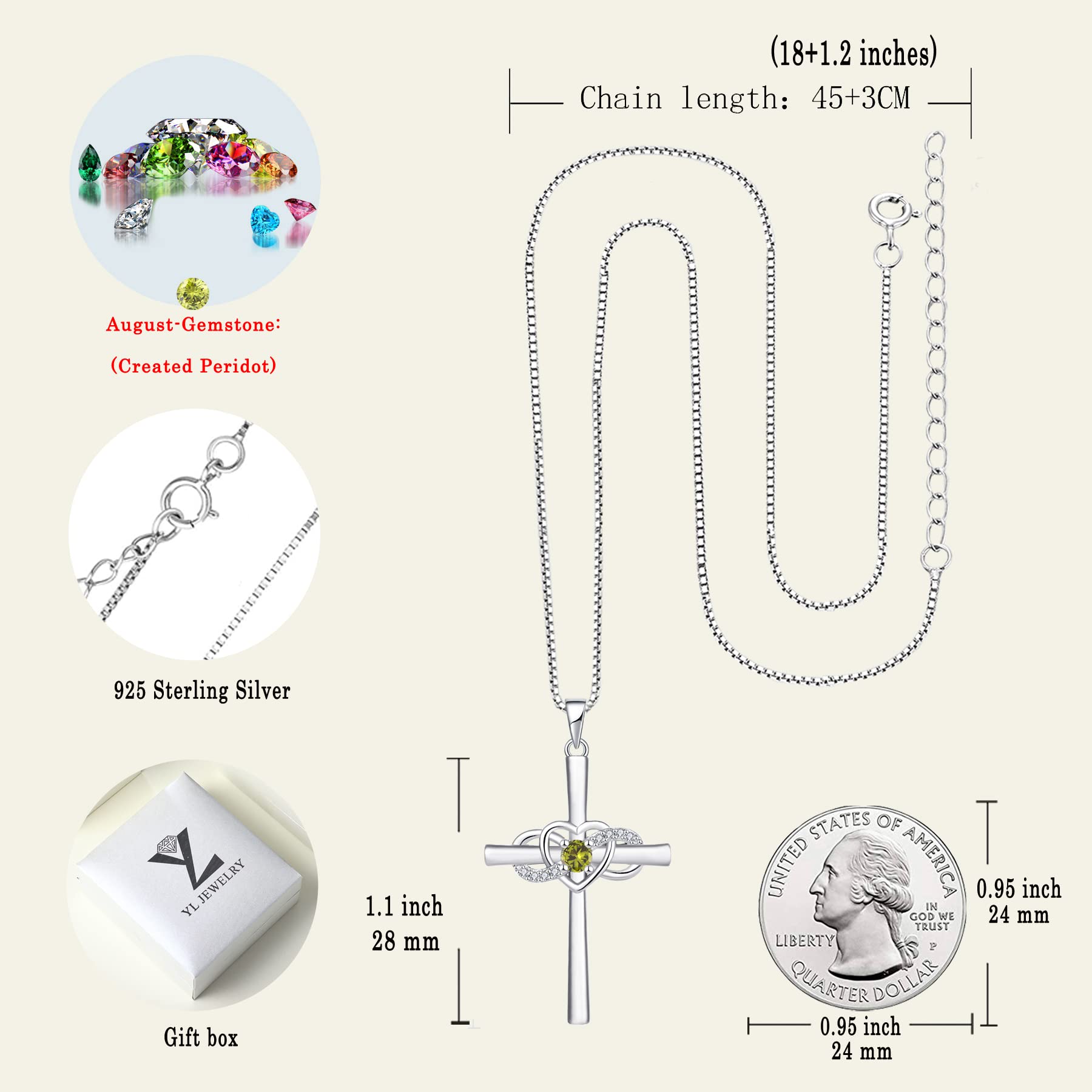 YL Sterling Silver Infinity Heart Cross Necklace for Women - Elegant Crucifix Pendant with Birthstone | Perfect Gift for Birthday, Anniversary & Religious Occasions