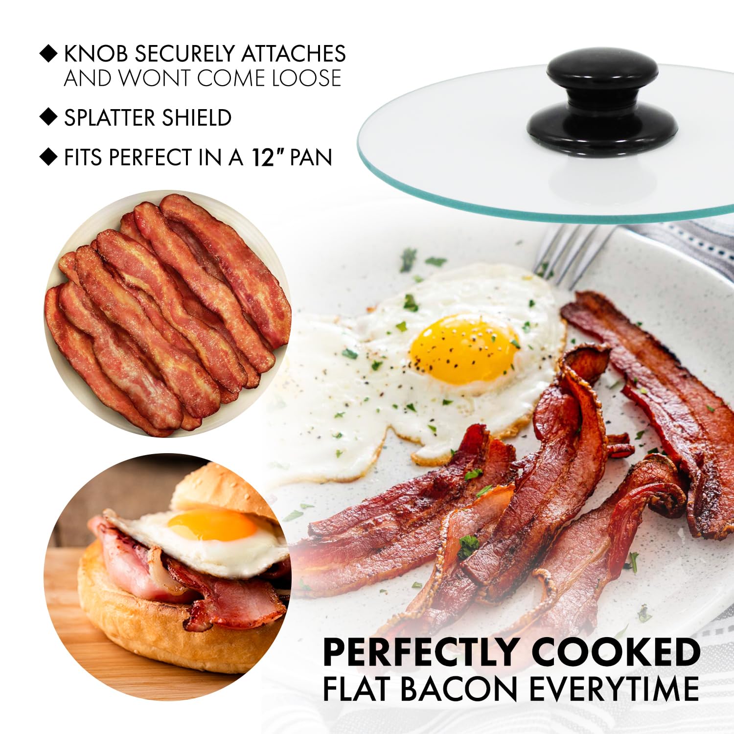 10 Inch Round Tempered Glass Bacon Press & Splatter Shield by Northwest Enterprises - Perfectly Cooked Flat Bacon Every Time for Breakfast, Burgers & Sandwiches