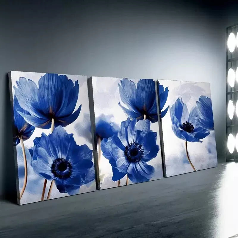 3pc Blue Poppy Flower Wall Art Set - Framed Canvas 50x70cm (19.7x27.6in) - High Quality Print - 100% Australian Made - Ready to Hang - Perfect for Living Room, Bedroom & Office Decor