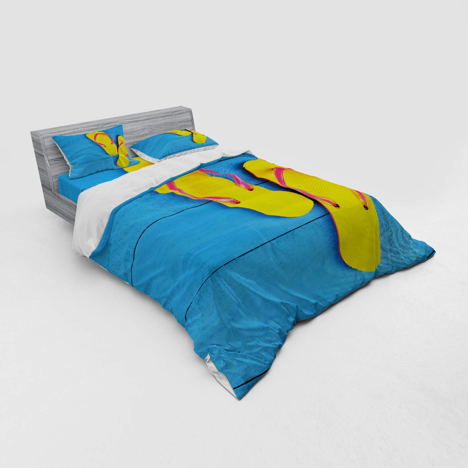 Ambesonne Yellow and Blue 4-Piece Queen Bedding Set - Duvet Cover, Shams & Fitted Sheet with Flip Flops on Wooden Pier Design | Cheerful Holiday & Travel Theme | Perfect for Beach House, Guest Room & Summer Decor