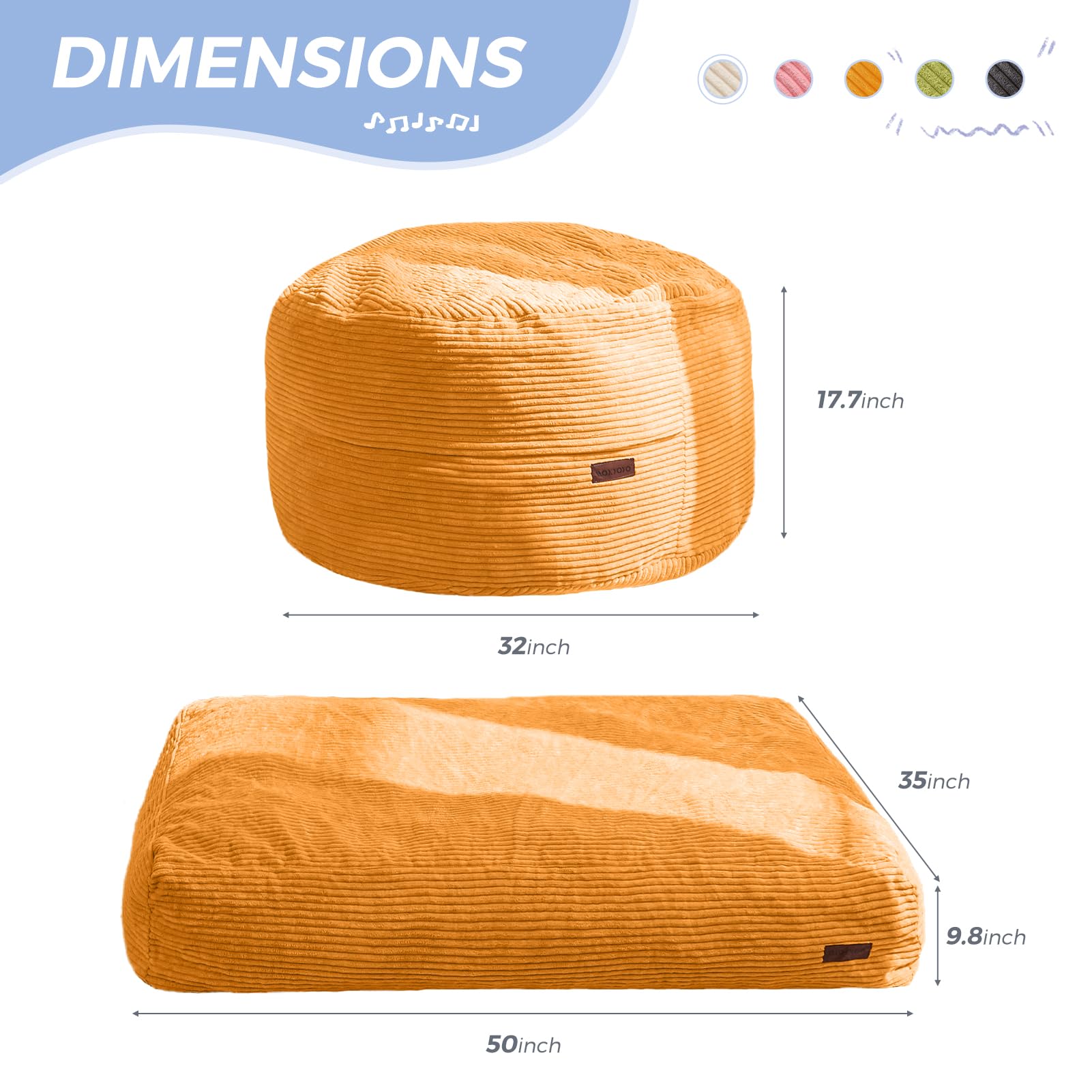 MAXYOYO Kids Corduroy Bean Bag Chair & Floor Mattress - Convertible 2-in-1 Furniture for Bedroom, Playroom & Dorm | Soft Orange Fabric for Reading, Gaming & Relaxation