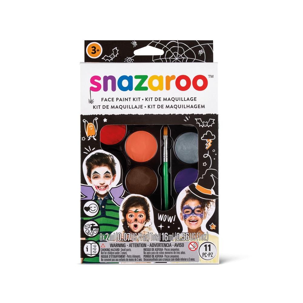 Snazaroo Halloween Face Paint Kit for Kids & Adults - 8 Vibrant Colors, 1 Brush, 1 Sponge, 1 Guide - Water-Based, Non-Toxic, Easy Wash Off - Perfect for Halloween Costumes, Birthday Parties & Face Painting Events